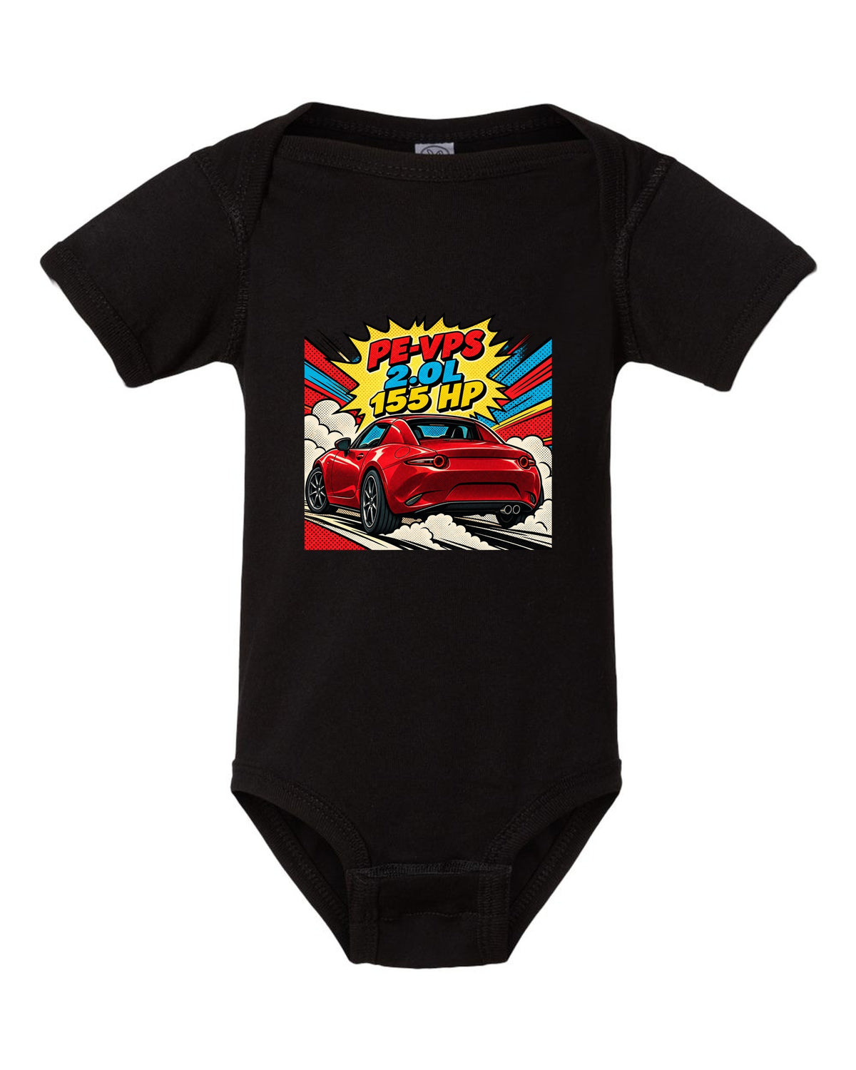 Comic halftone pop art Mazda MX-5 ND RF with PE-VPS 2.0L 155 HP spec line black baby onesie front view with the design