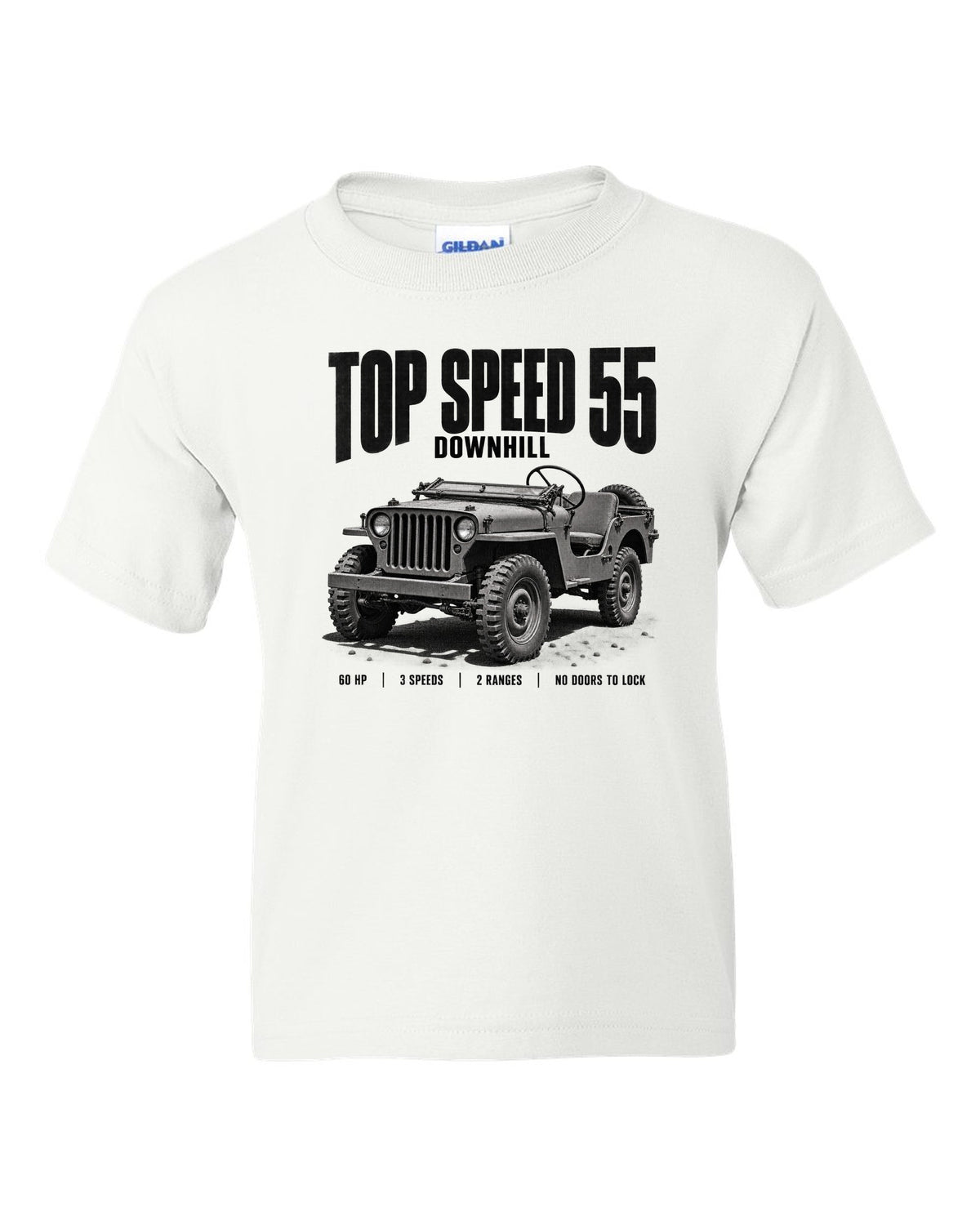 Halftone print for the Willys MB, Top Speed 55 Downhill white kids tee front view with the design