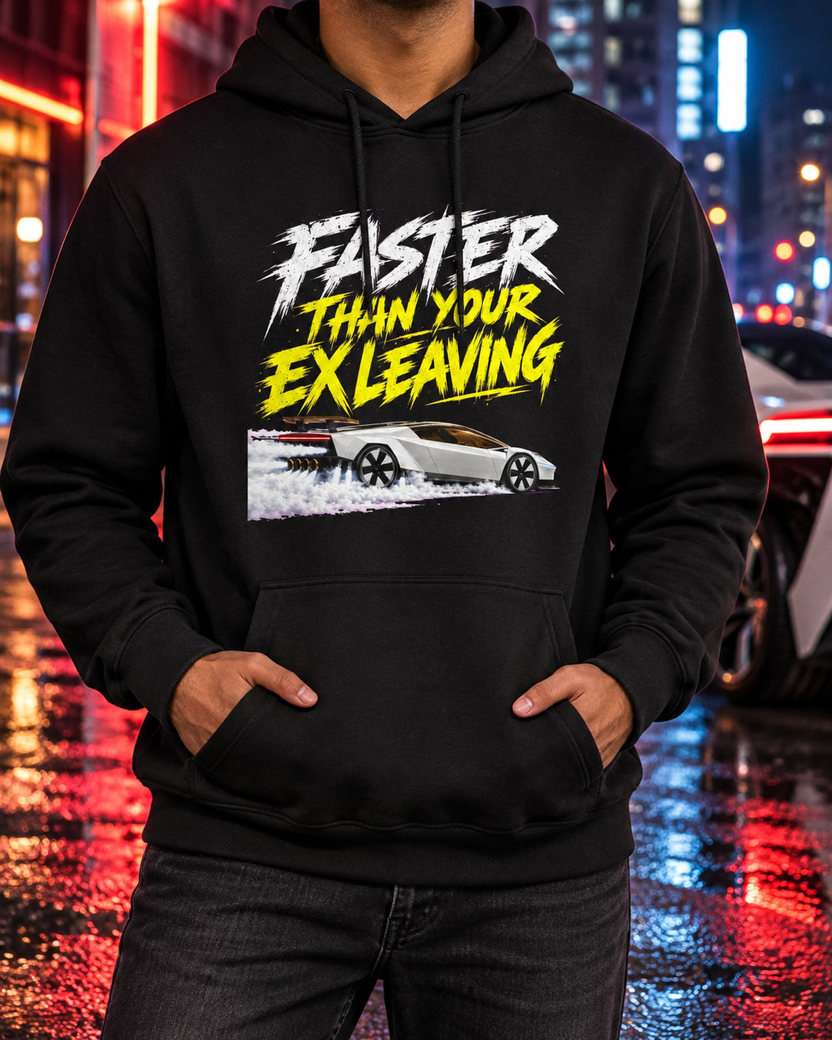 Faster Than Your Ex Leaving Tesla Roadster Shirt, Hoodie & More Pull Over Hoodie Black worn hero