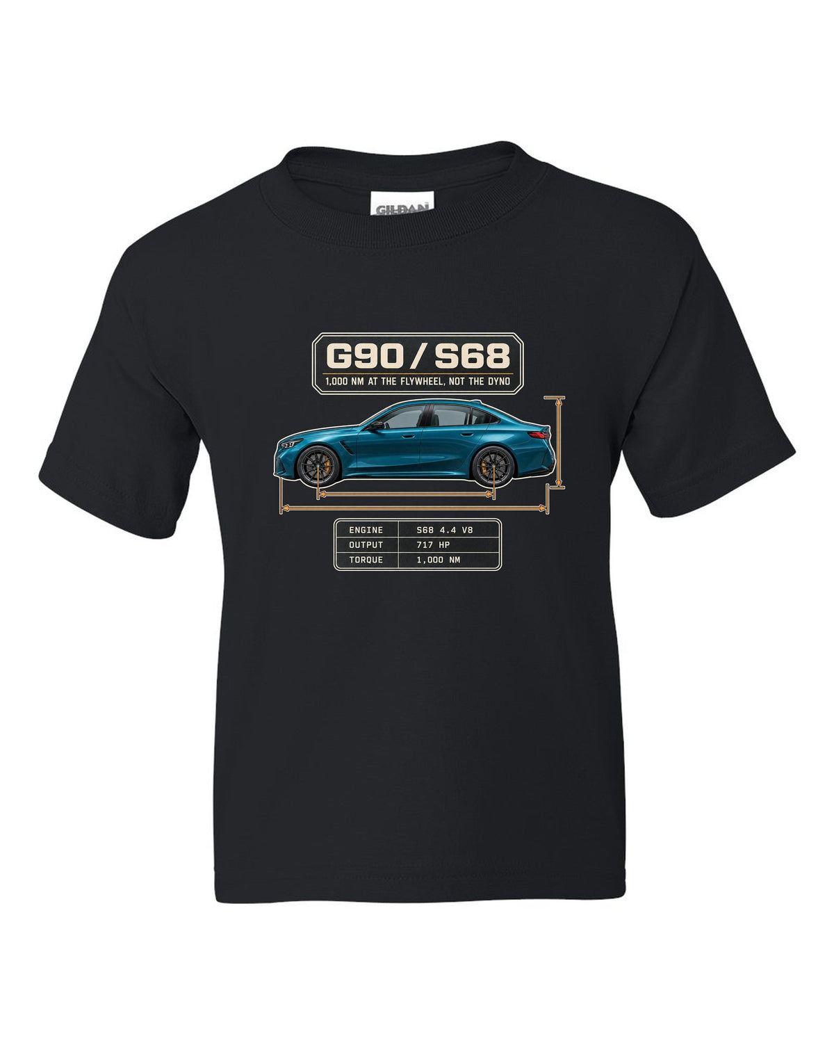 BMW M5 G90 sedan dimension blueprint profile print on a tee black kids tee front view with the design