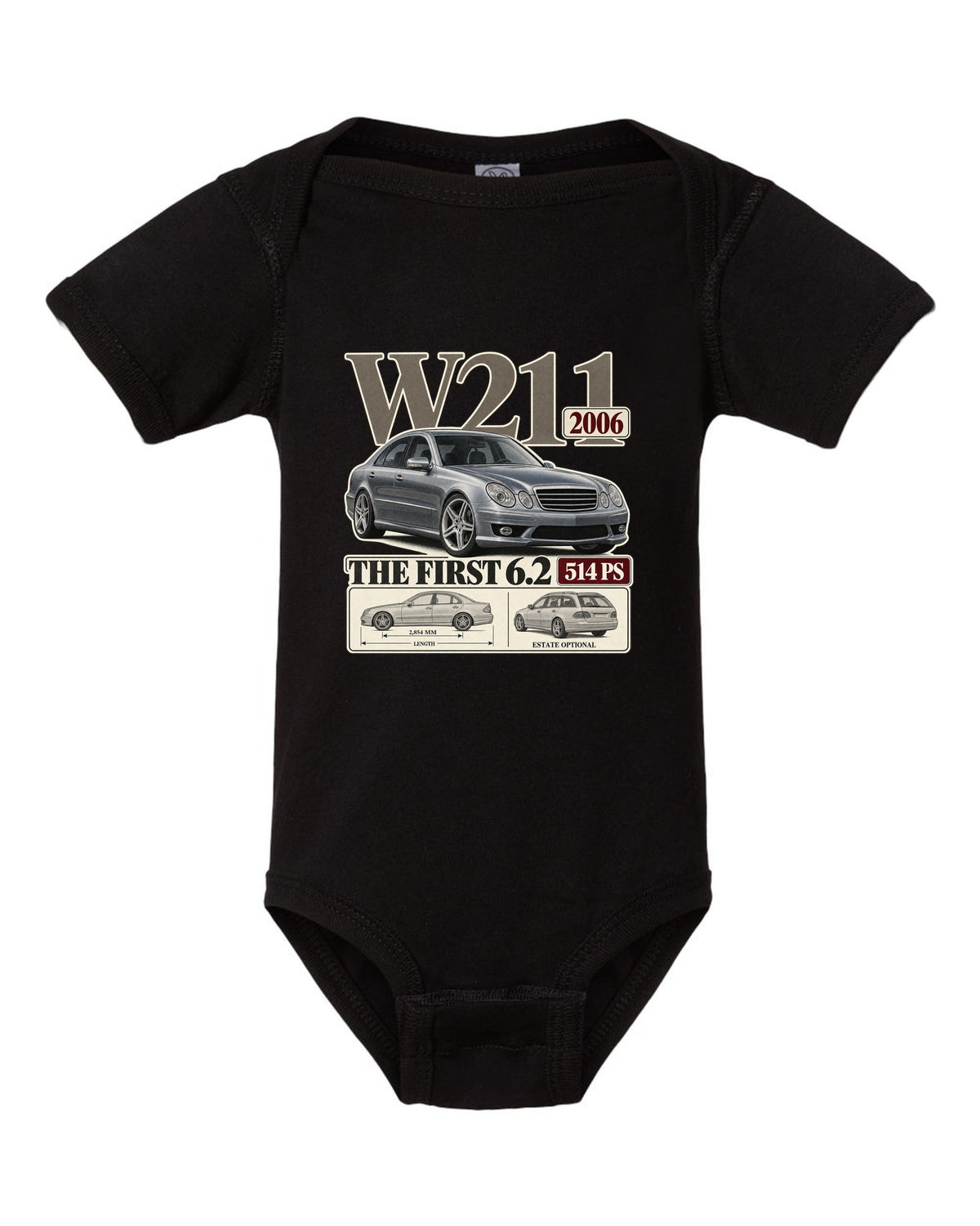 Archive panel print of a silver Mercedes-AMG E63 W211 sedan black baby onesie front view with the design