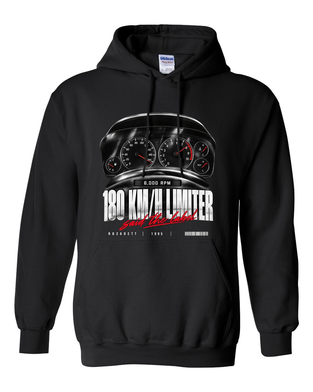 Instrument cluster of a Nissan Skyline GT-R R33 showing 180 km/h and 8,000 rpm with limiter caption black pull over hoodie front view with the design