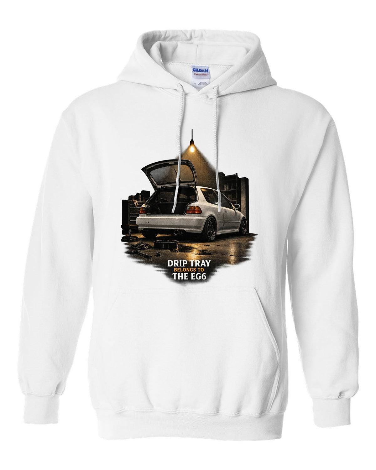 Garage night print of a 1993 Honda Civic EG6 SiR chback with drip tray text white pull over hoodie front view with the design