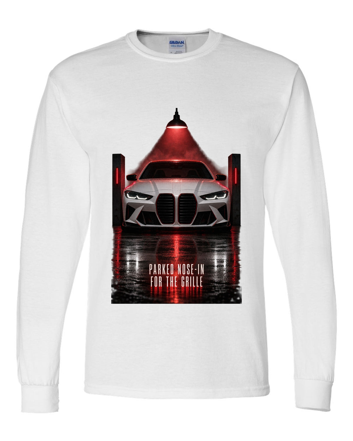 BMW G80 M3 garage night print with parked nose-in for the grille text white long sleeve front view with the design