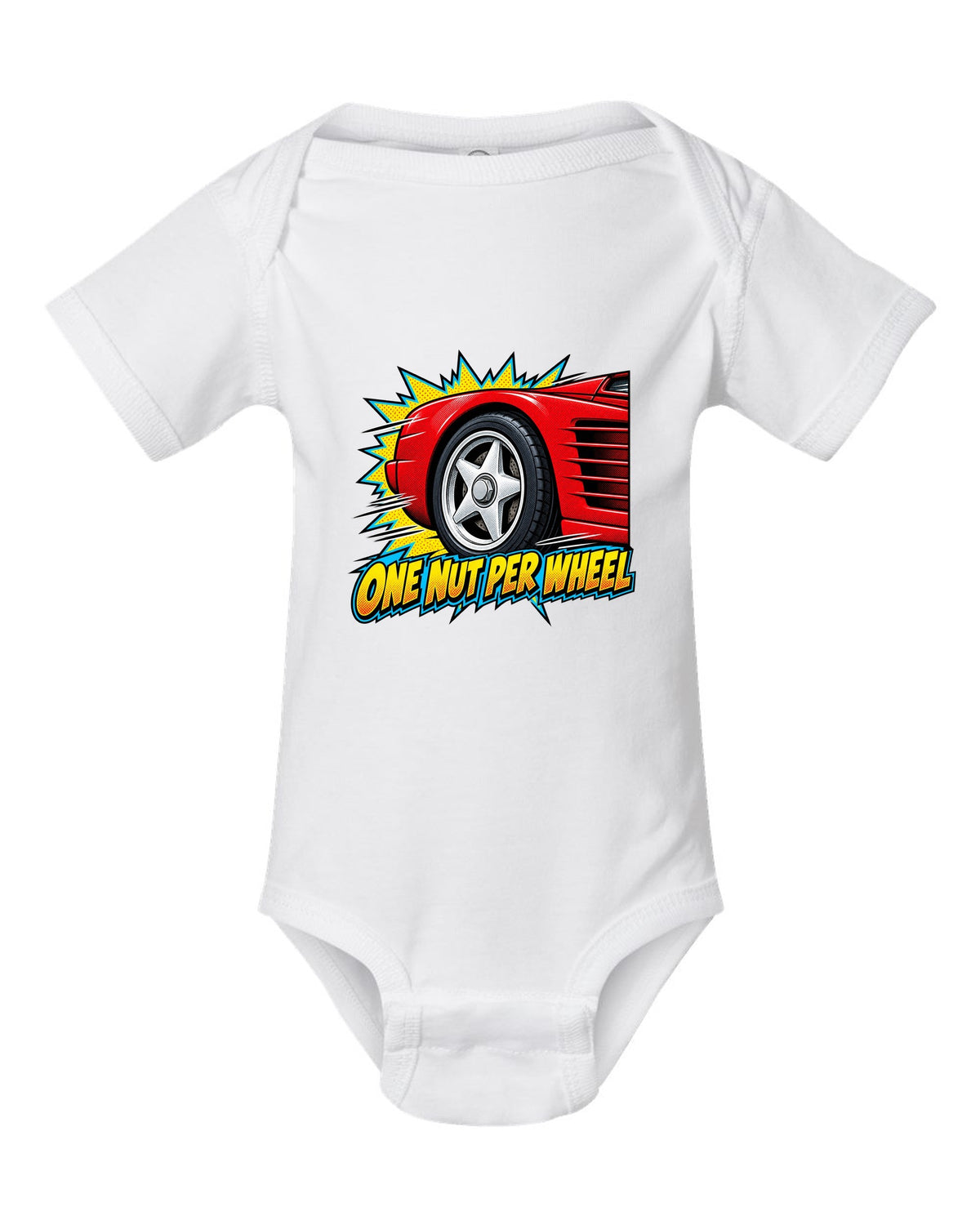 Comic halftone pop art of a Ferrari Testarossa five-star wheel white baby onesie front view with the design
