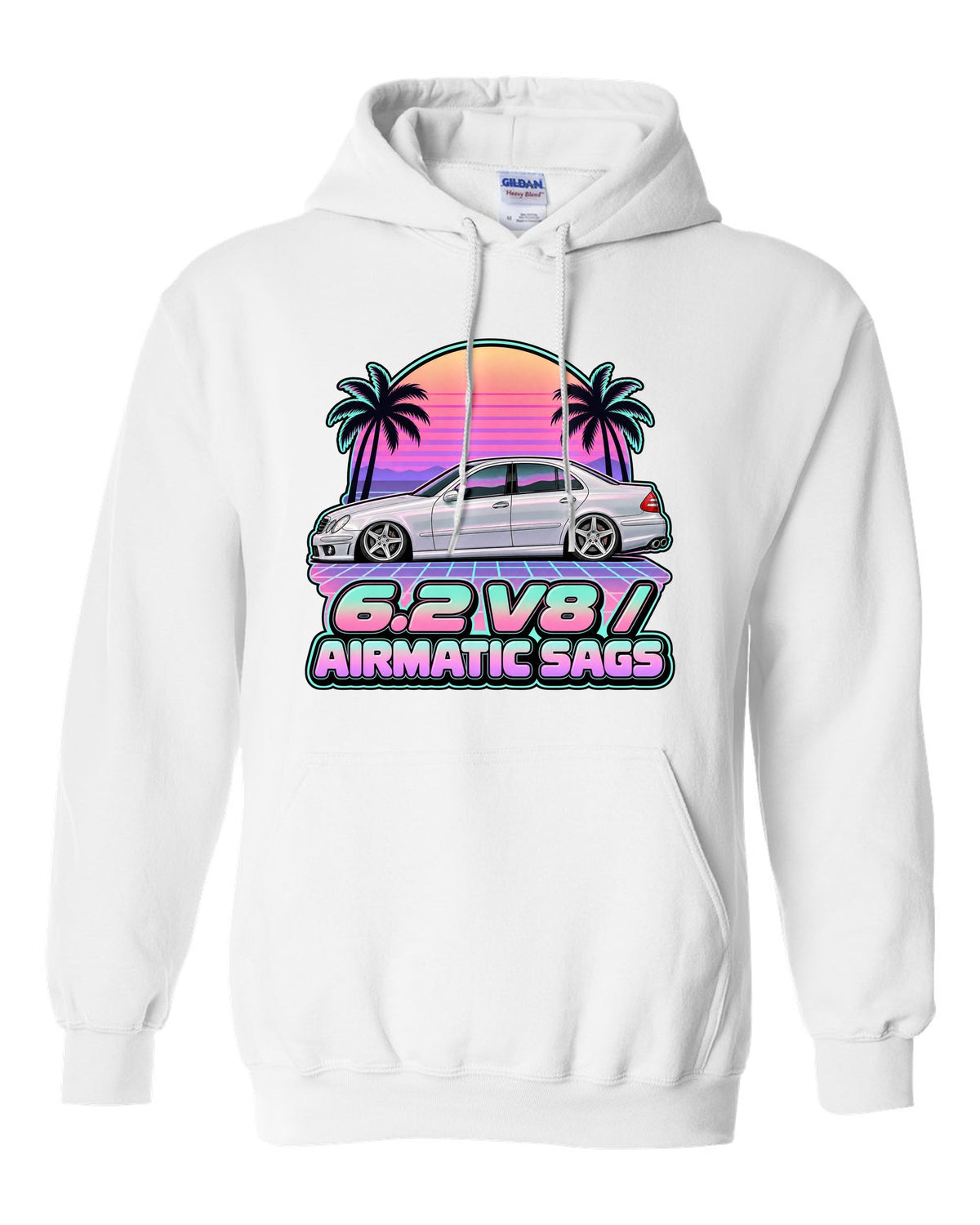 Vaporwave pastel print of a Mercedes E63 AMG W211 with Airmatic text white pull over hoodie front view with the design