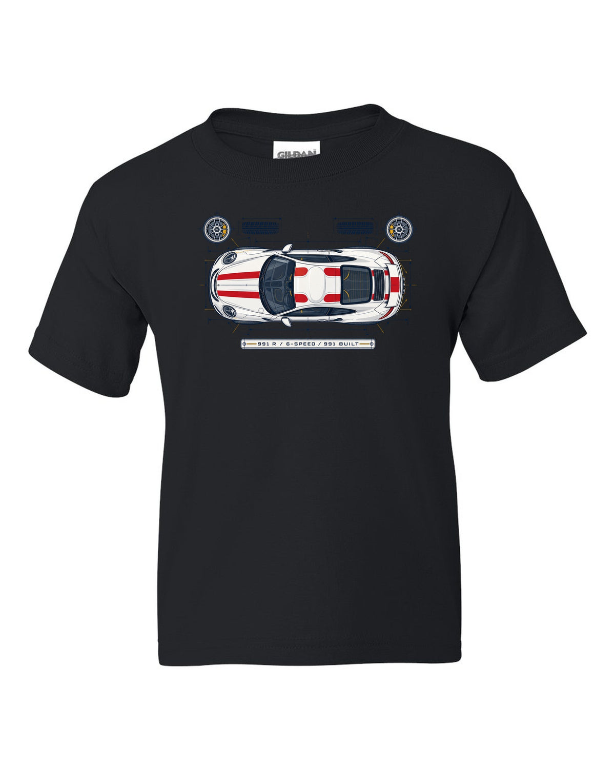 Porsche 993 Carrera five-dial gauge cluster HUD design with no screens text black kids tee front view with the design