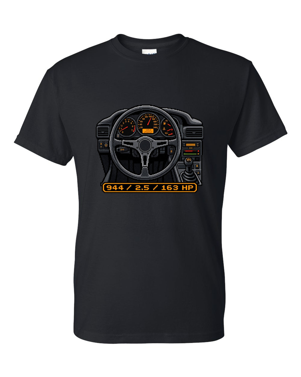 Dot-matrix pixel art of a Porsche 944 styled like a digital dash display black t-shirt front view with the design