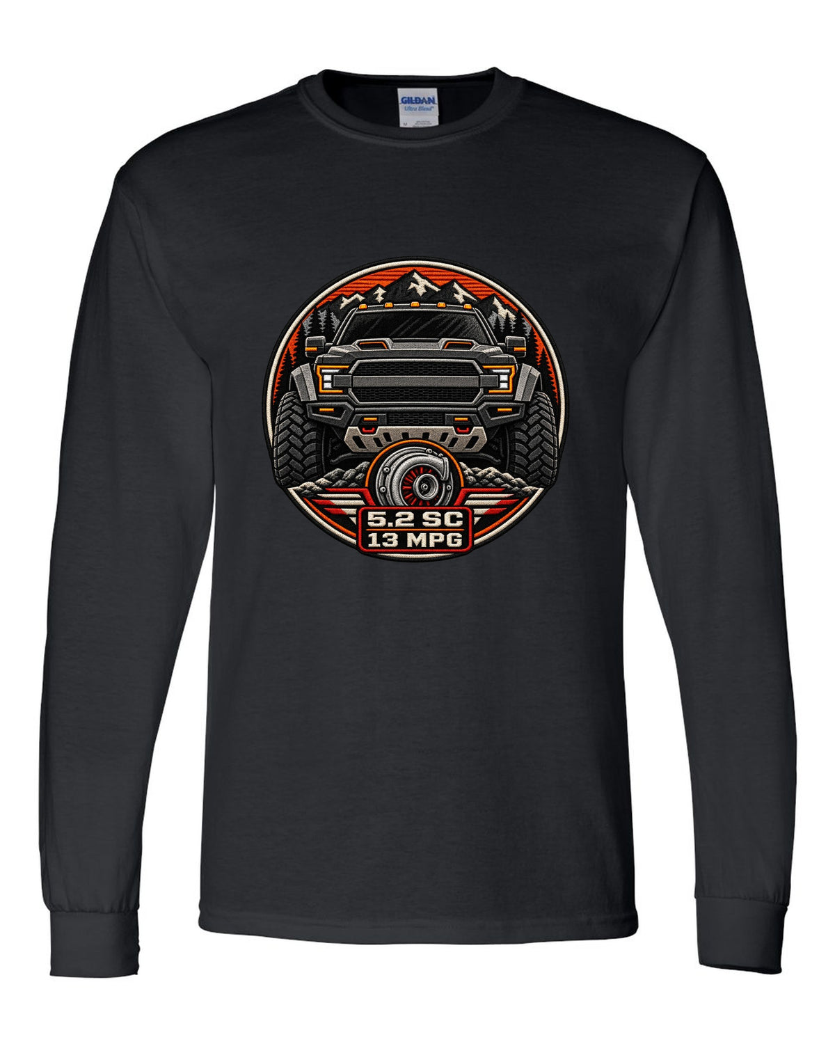 Varsity badge crest print of the Ford F-150 Raptor R P702 with 5.2 SC and 13 MPG text black long sleeve front view with the design