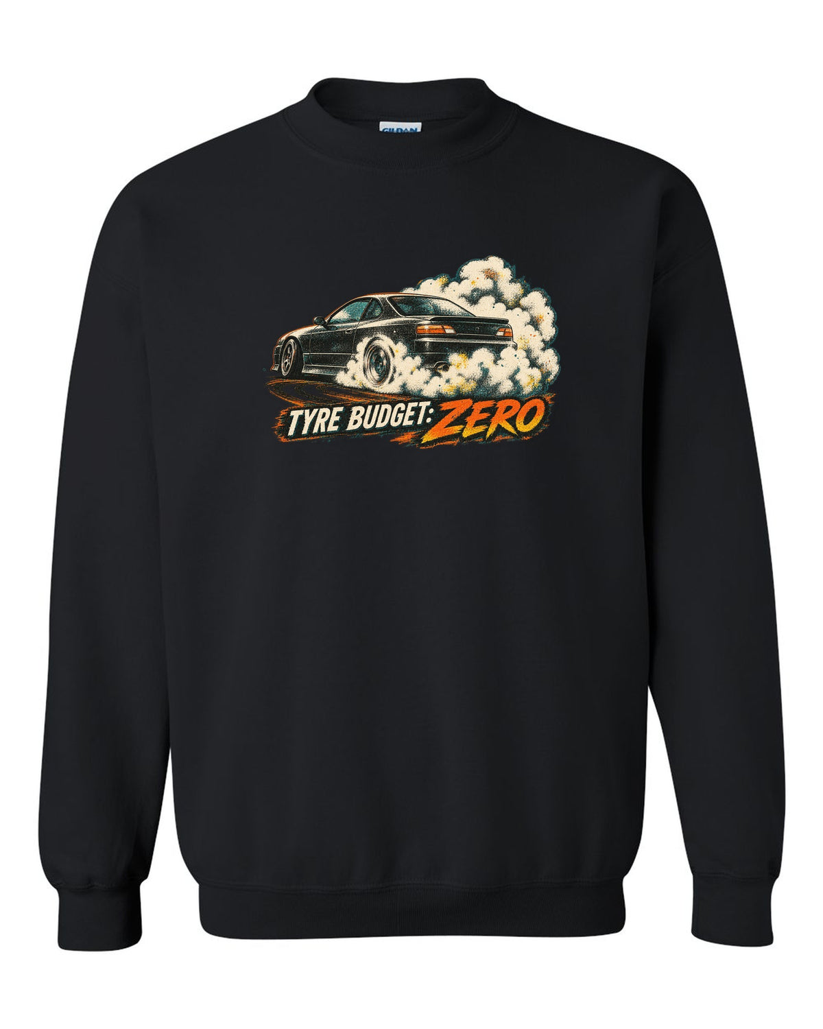 Distressed screenprint print of a 1999 Nissan Silvia S15 with Tyre Budget Zero lettering black crewneck front view with the design