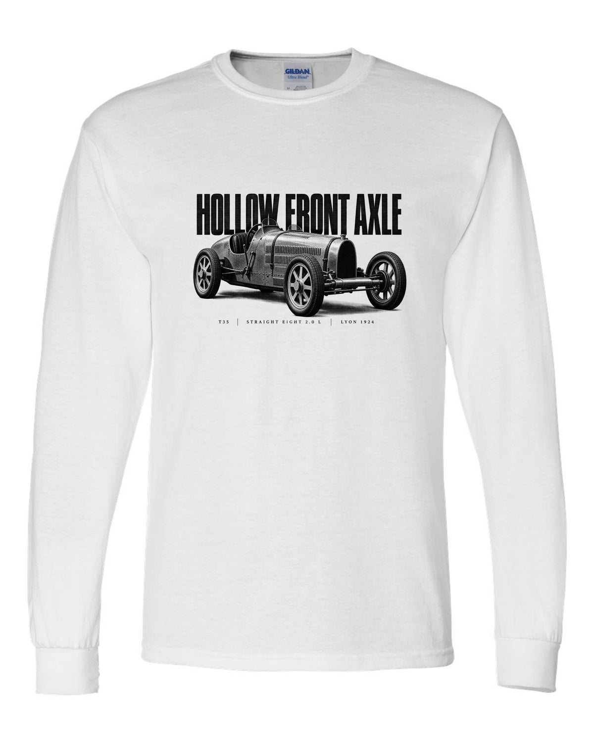 Bugatti Type 35 1924 hollow axle halftone print white long sleeve front view with the design