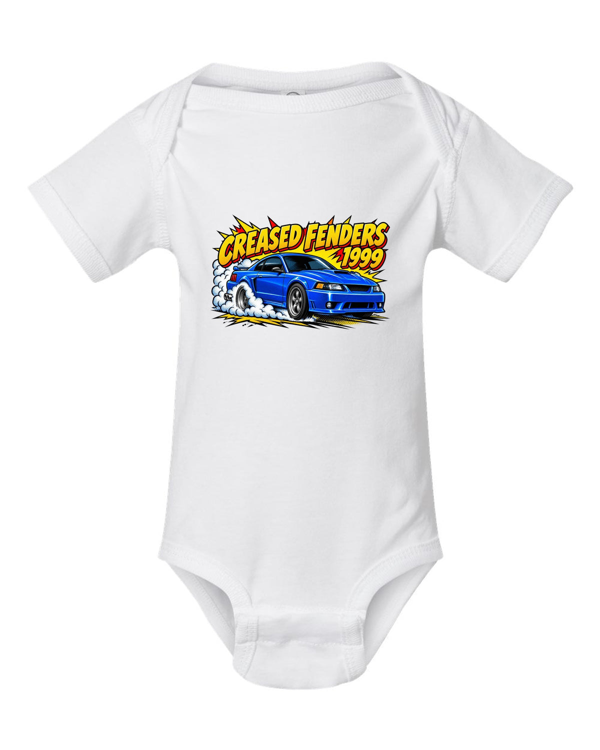 Comic halftone pop art 1999-2004 New Edge Ford Mustang coupe with burnout smoke white baby onesie front view with the design