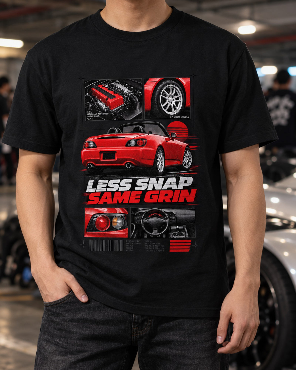 Honda S2000 AP2 Dossier Panels Shirt, 17 Inch Wheels, Same Grin T-Shirt Black worn hero
