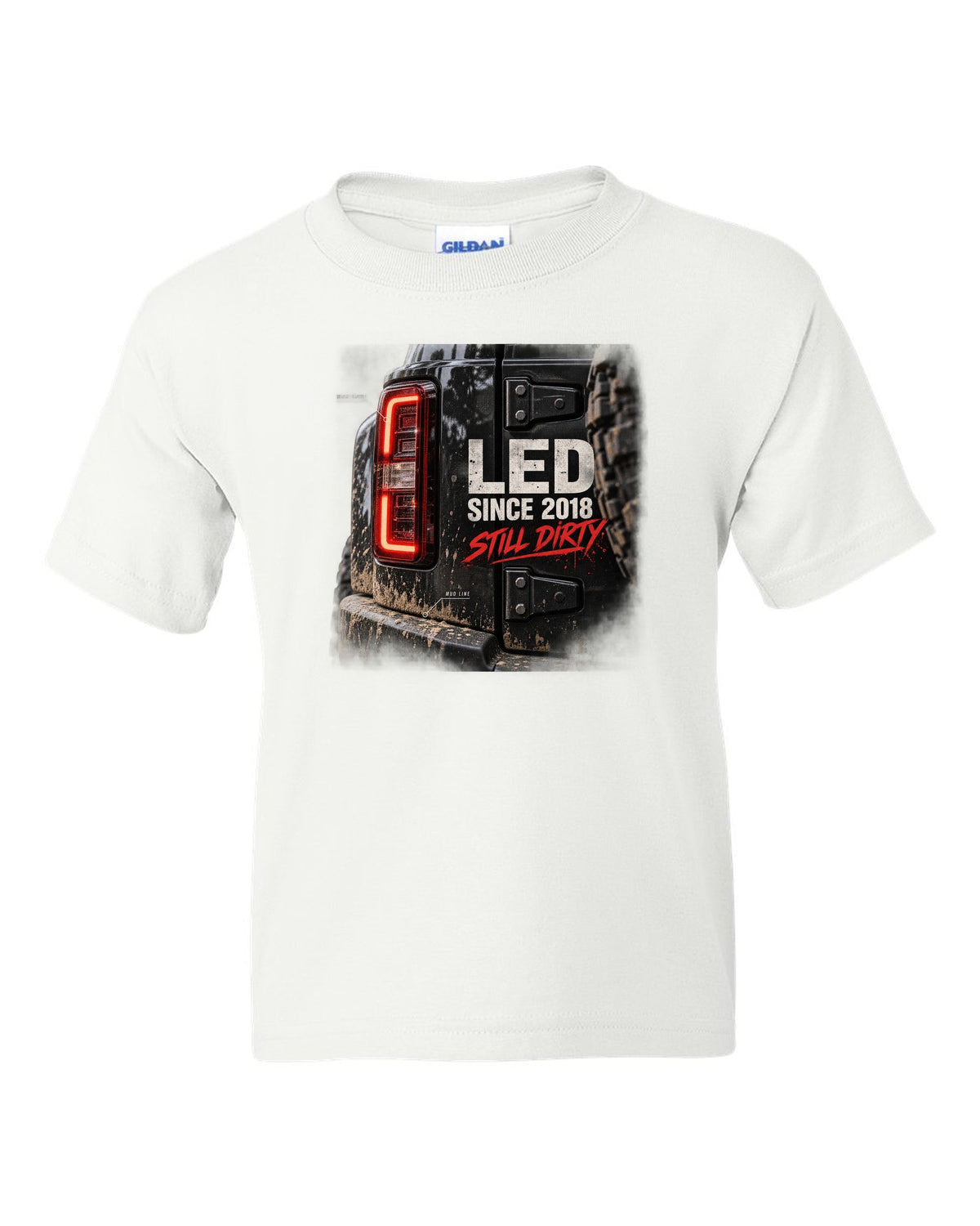 Jeep Wrangler JL LED taillight macro with mud line print white kids tee front view with the design