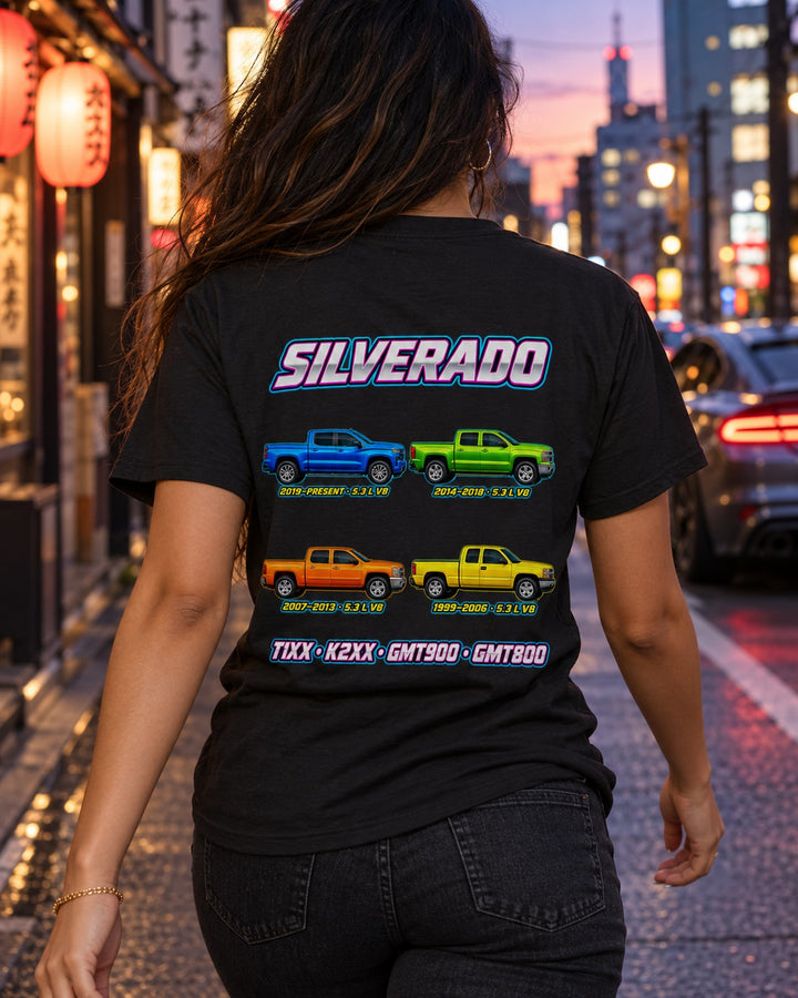 Chevy Silverado Evolution Poster Full-Back Graphic Tee T-Shirt Black worn hero