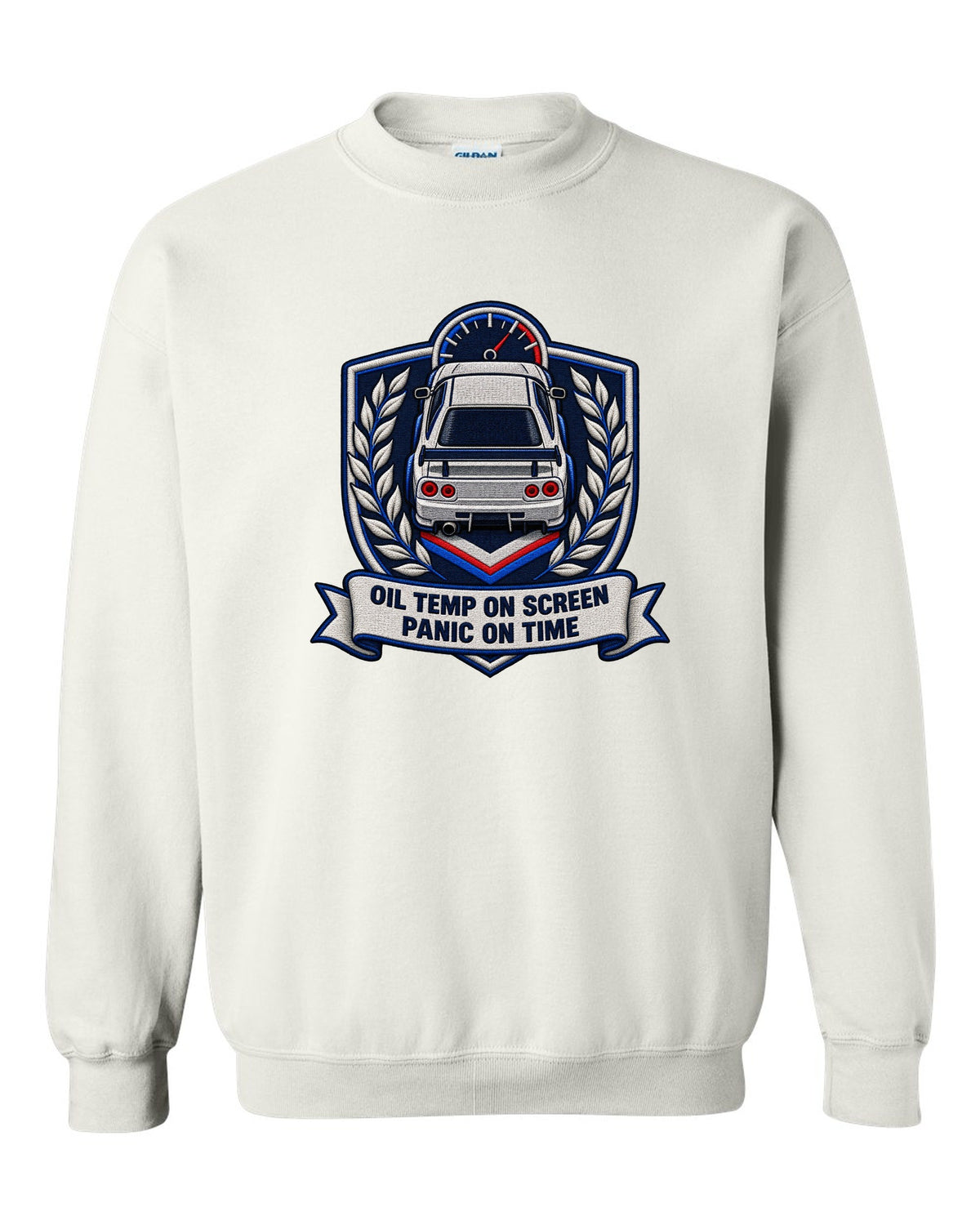 Embroidery-style shield crest print for the Nissan Skyline GT-R BNR34 with oil temp lettering white crewneck front view with the design