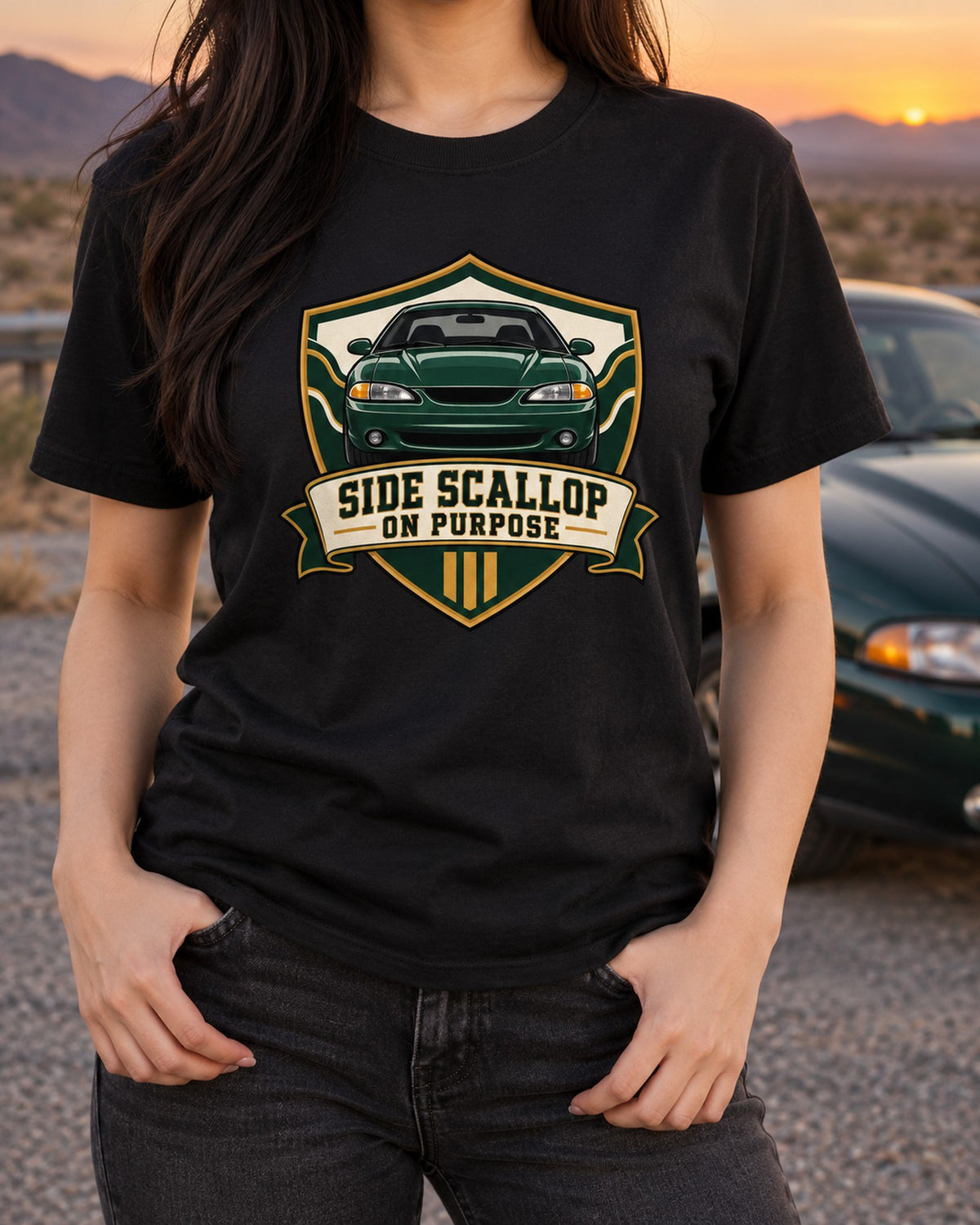 SN95 Mustang 1994-98 Varsity Crest Shirt, Side Scallop Joke T-Shirt Black worn hero