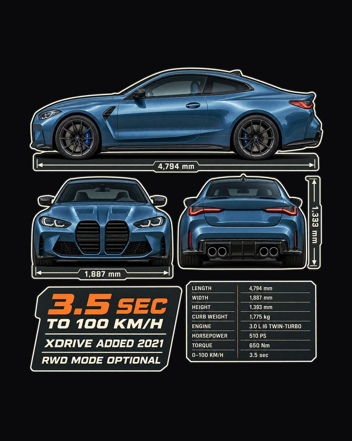 M4 Competition xDrive G82 Three-View Spec Tee, BMW Car Shirt design only