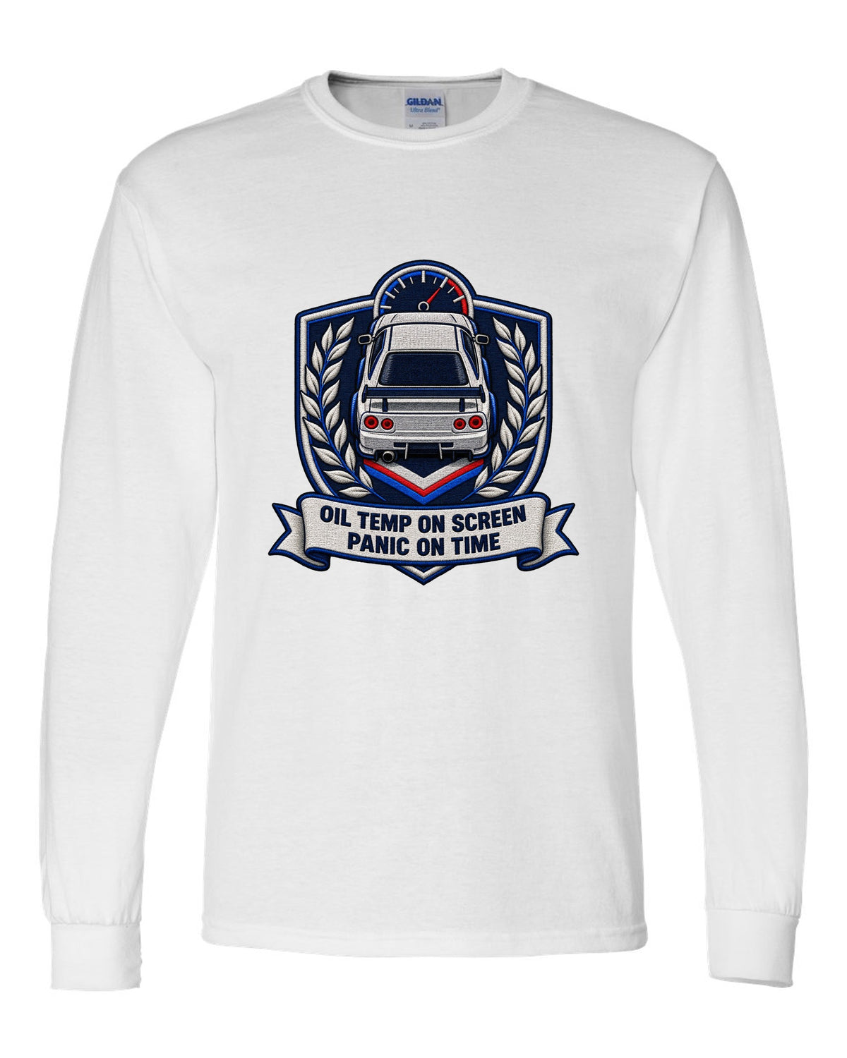 Embroidery-style shield crest print for the Nissan Skyline GT-R BNR34 with oil temp lettering white long sleeve front view with the design