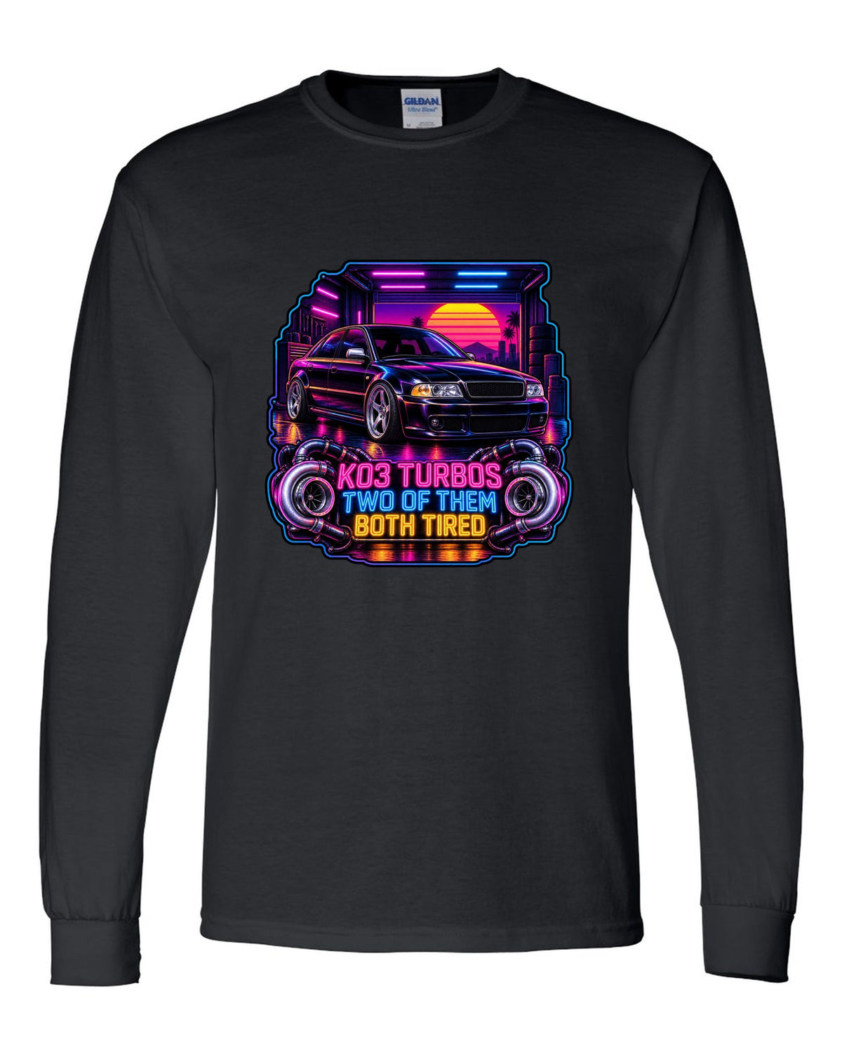 Synthwave print of an Audi S4 B5 sedan with K03 turbos text black long sleeve front view with the design
