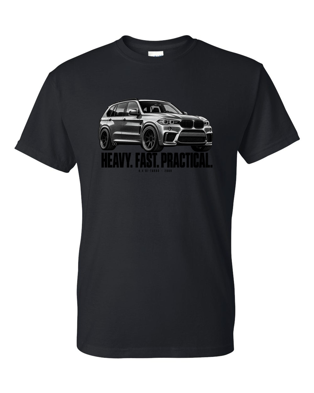 BMW X5 M E70 halftone print with heavy fast practical text and 4.4 bi-turbo black t-shirt front view with the design