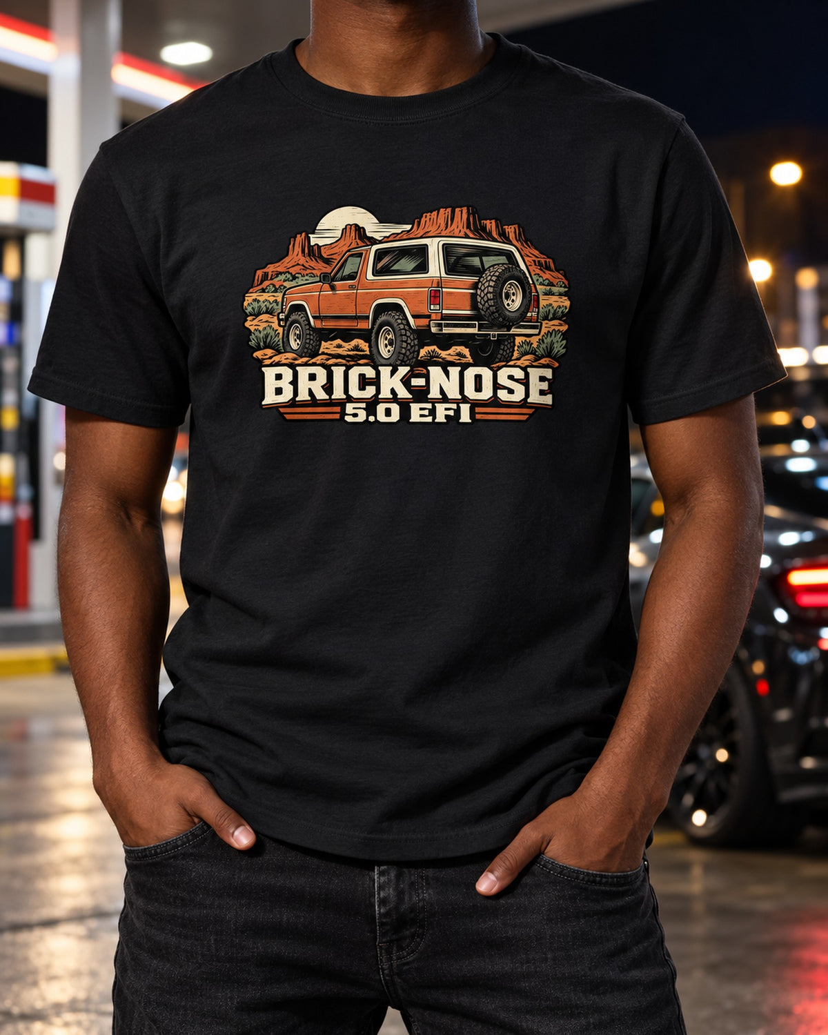 Ford Bronco Brick-Nose 1987-1991 Linocut Rear View Tee T-Shirt Black worn hero