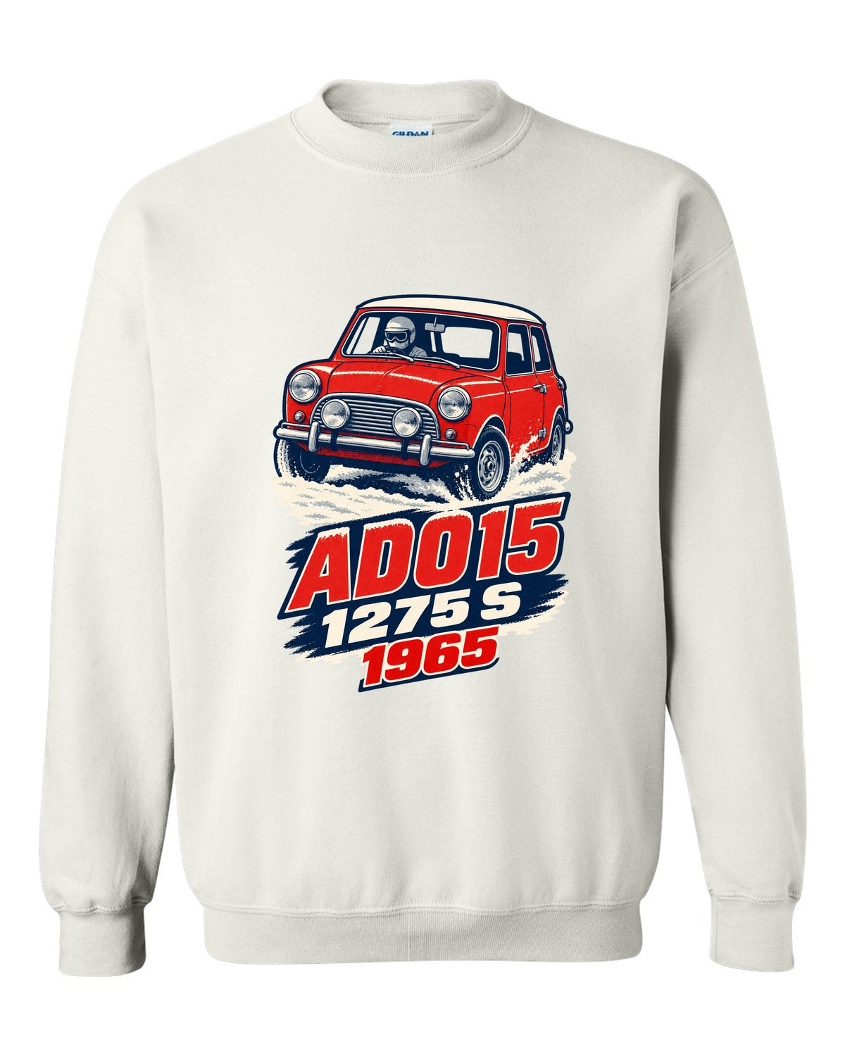 1965 Mini Cooper S ADO15 rally car in a 1960s litho poster style white crewneck front view with the design