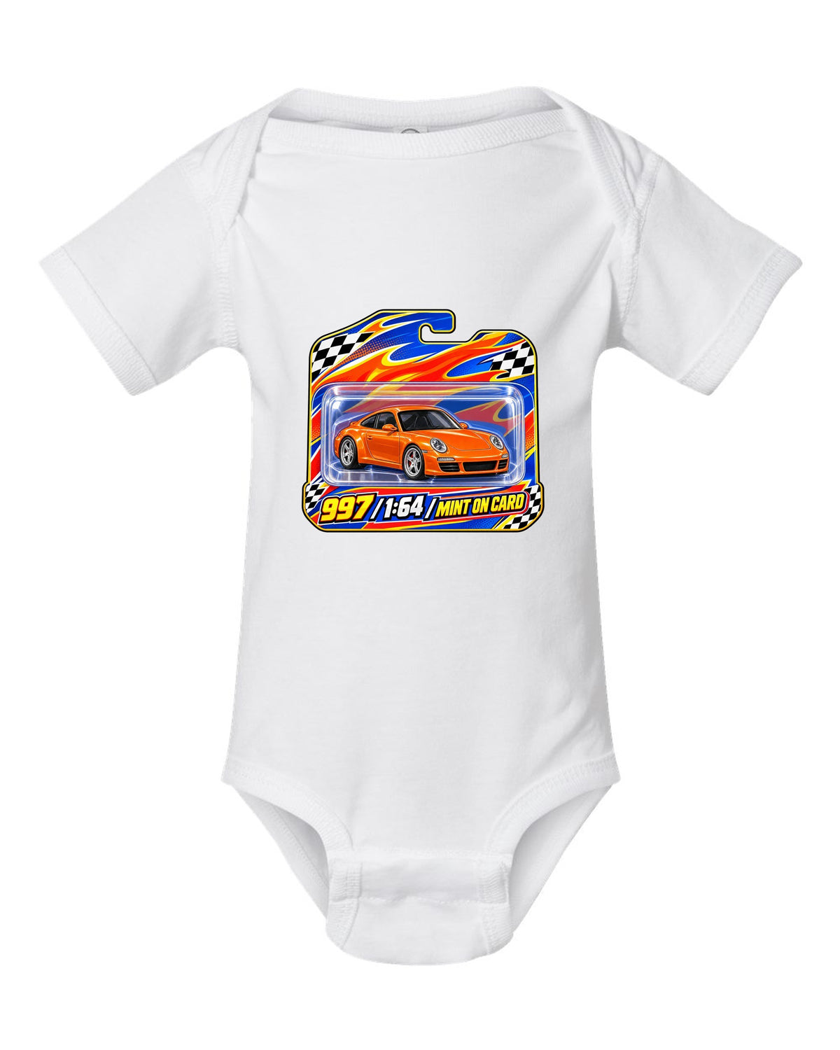 Sticker-bomb collage print of a Porsche 911 996 Carrera with the text 996 IMS never heard of it white baby onesie front view with the design