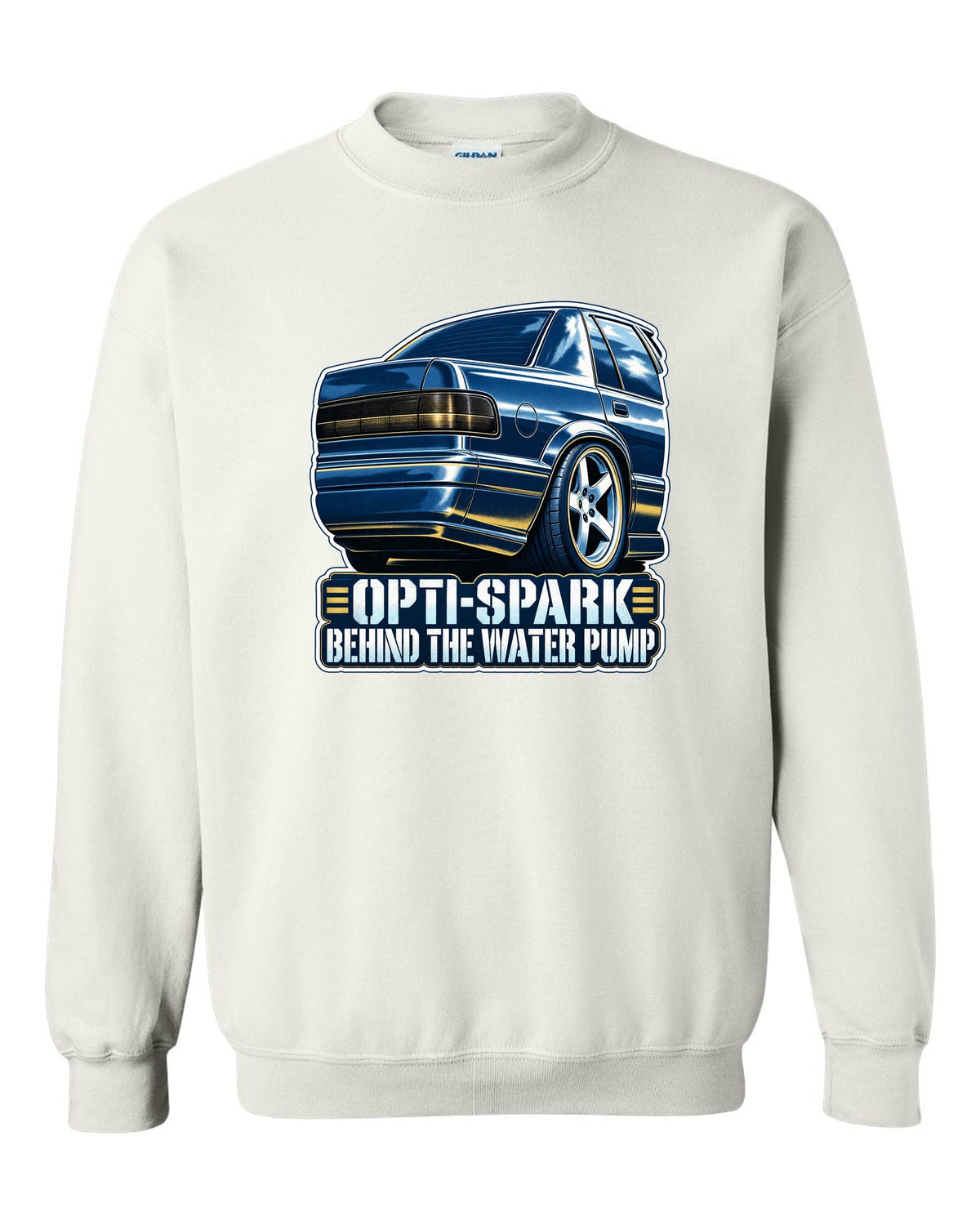 Blue cyanotype print of a 1994-96 Chevrolet Impala SS LT1 wheel with the text Opti-Spark Behind the Water Pump white crewneck front view with the design