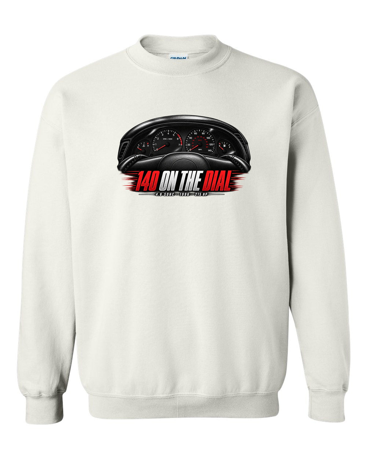 print of an SN95 Ford Mustang GT gauge cluster with 140 on the dial white crewneck front view with the design