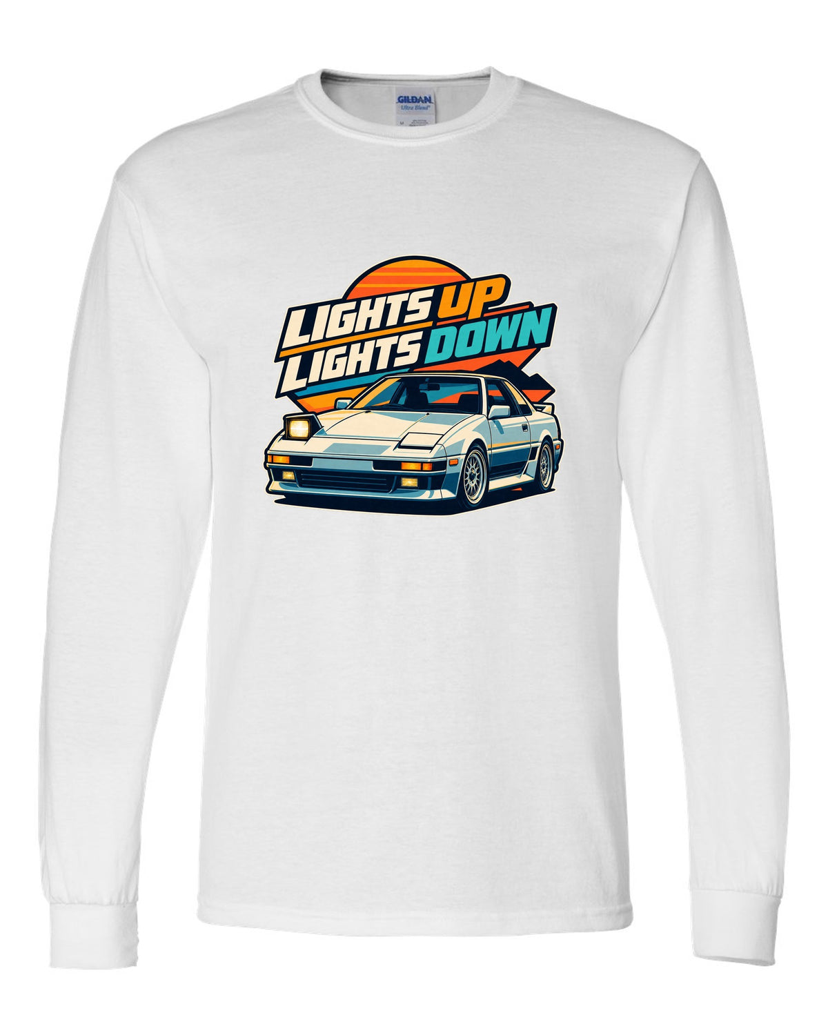Pixel art of a Toyota AE86 Sprinter Trueno with pop-up headlights raised white long sleeve front view with the design