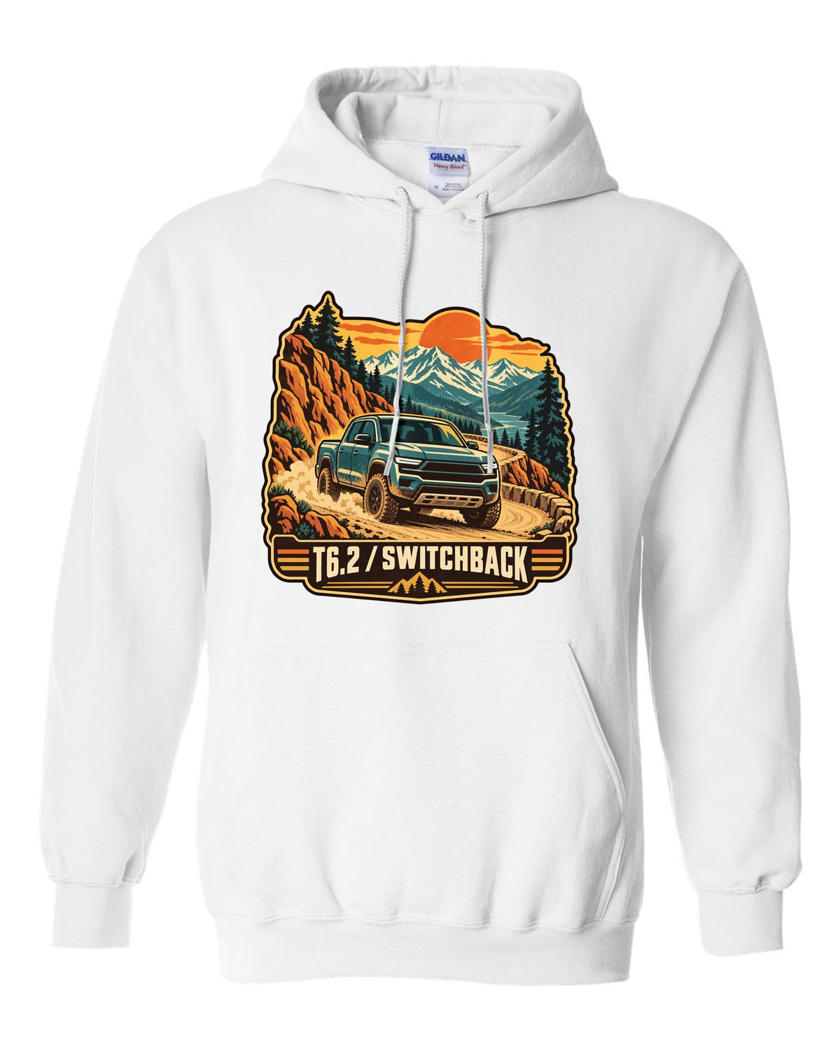 Vintage travel poster print of a 2022-present Ford Ranger T6.2 P703 on a switchback road white pull over hoodie front view with the design