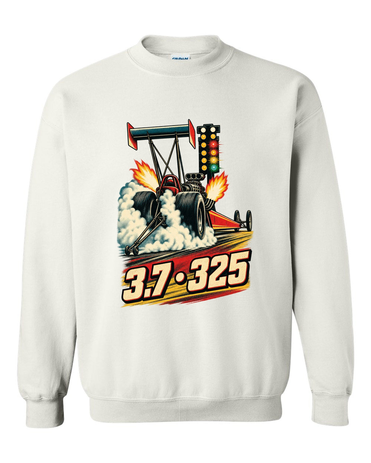 Retro poster style Top Fuel dragster doing a burnout with halftone smoke and 3.7 325 lettering white crewneck front view with the design