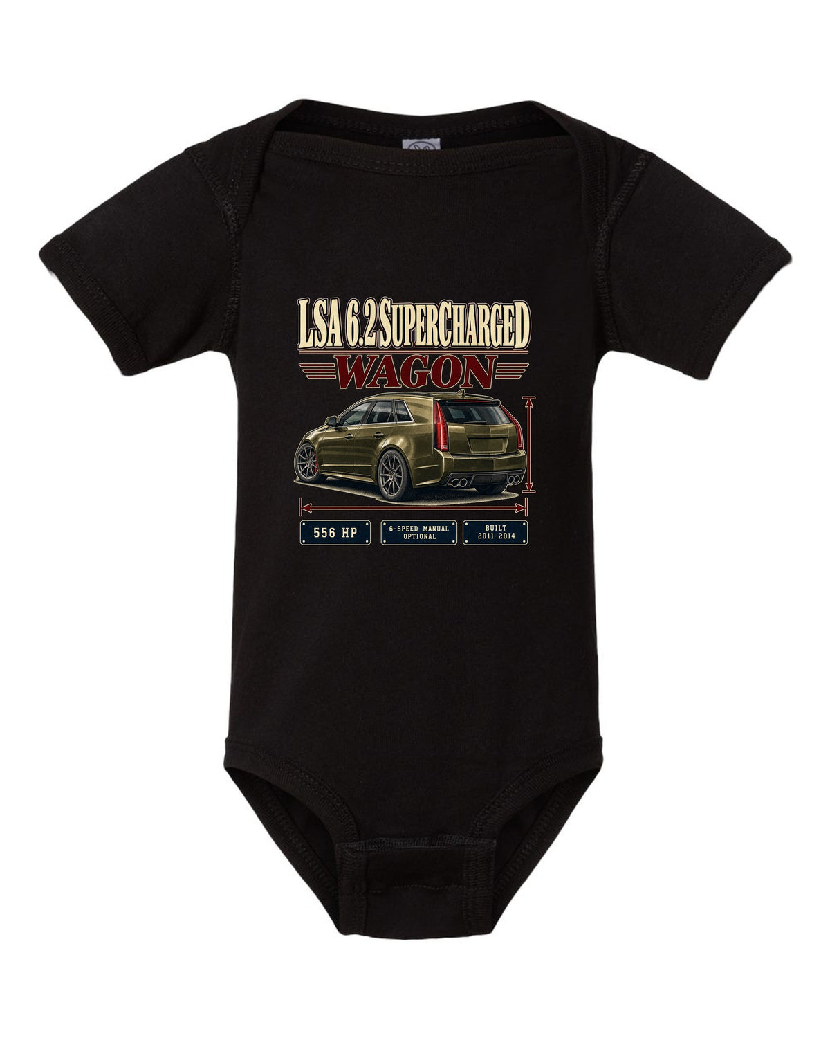 Archive panel print of a 2011-14 Cadillac CTS-V Sport Wagon black baby onesie front view with the design