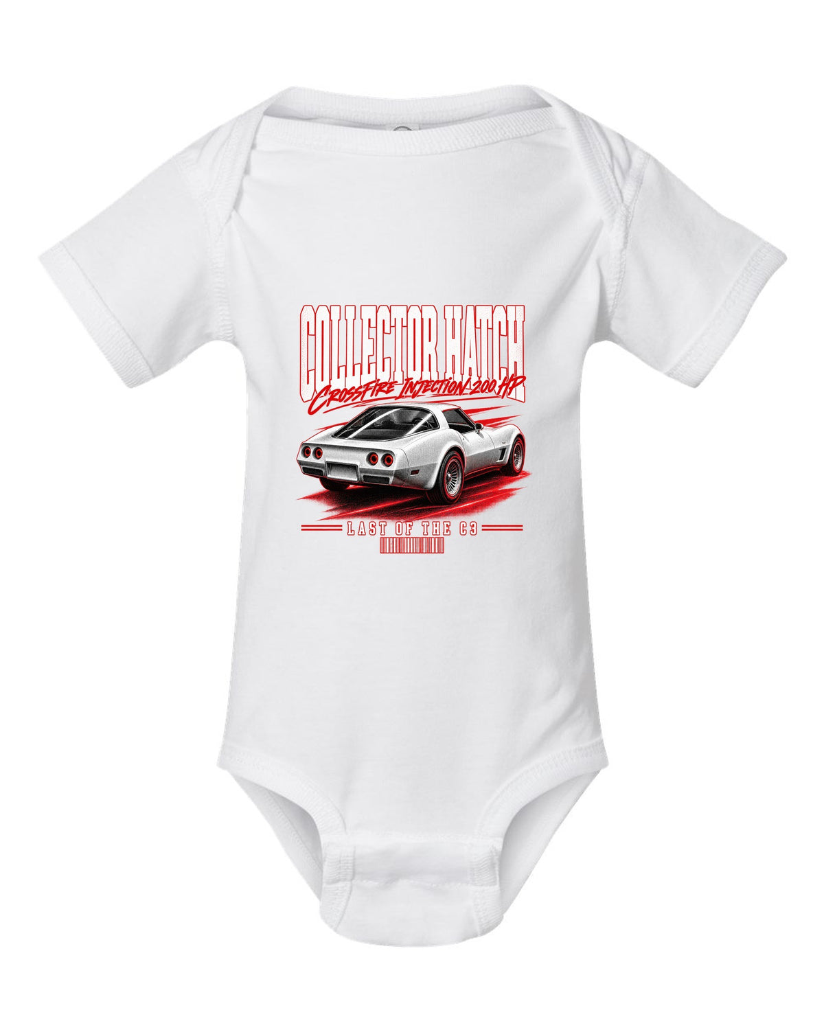 Chevrolet Corvette C3 1982 Collector Edition glass ch street poster print white baby onesie front view with the design