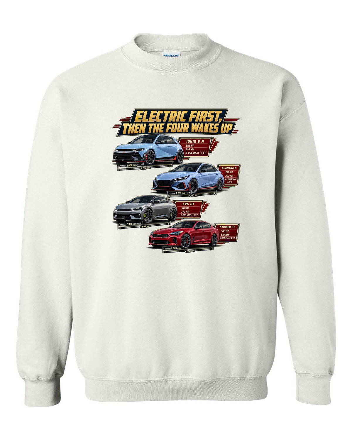 Polestar 1 spec poster print on a shirt white crewneck front view with the design