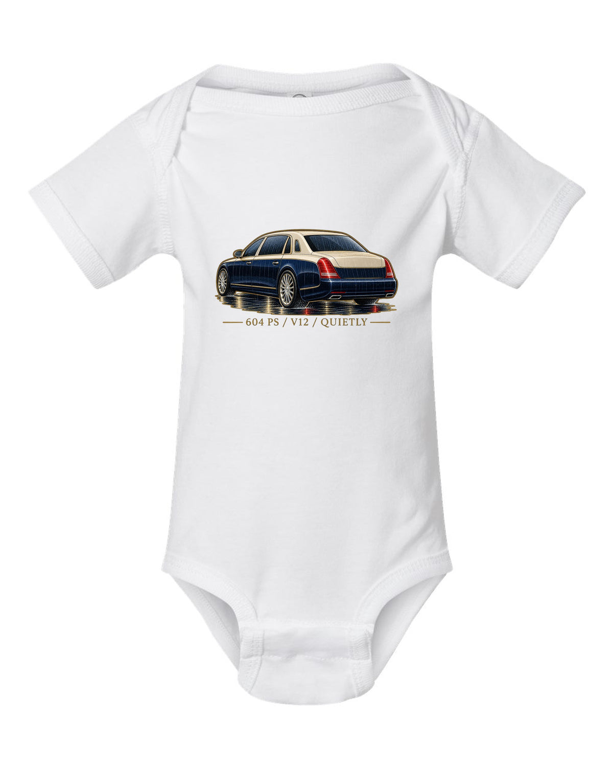 Single-line contour drawing of a Maybach 57 S W240 in rain with 604 PS V12 Quietly text white baby onesie front view with the design