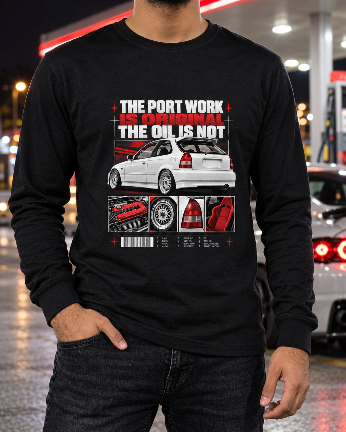 Honda Civic EK9 Spec Sheet Dossier Shirt, Port Work Is Original Long Sleeve Black worn hero