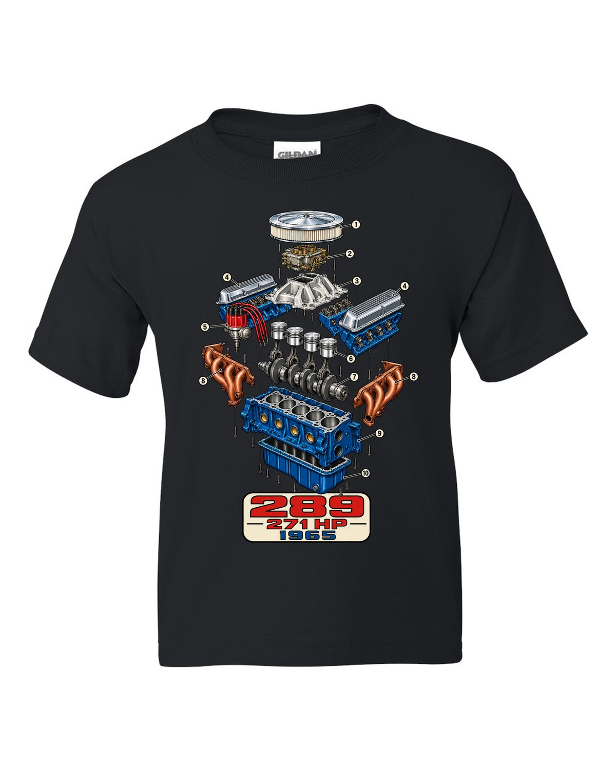 Cutaway exploded engine view print of a 1965 Ford Mustang 289 V8 black kids tee front view with the design