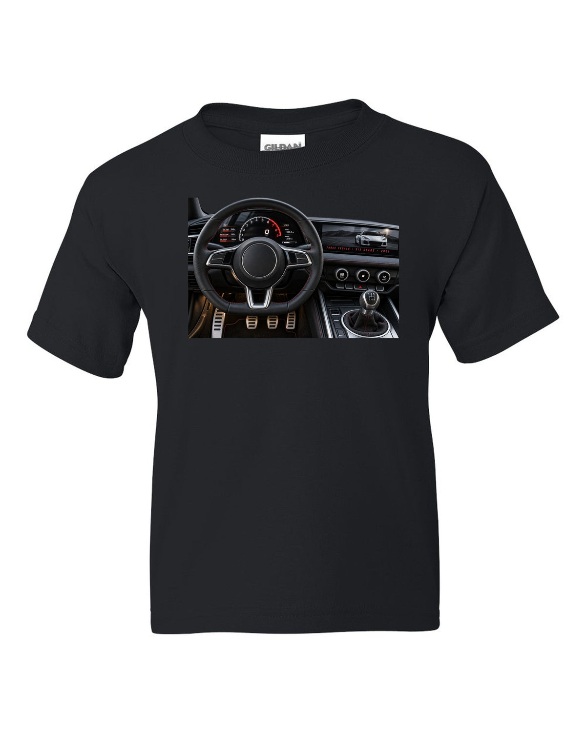 BMW G80 M3 cockpit gauge print with three pedals six gears lettering black kids tee front view with the design