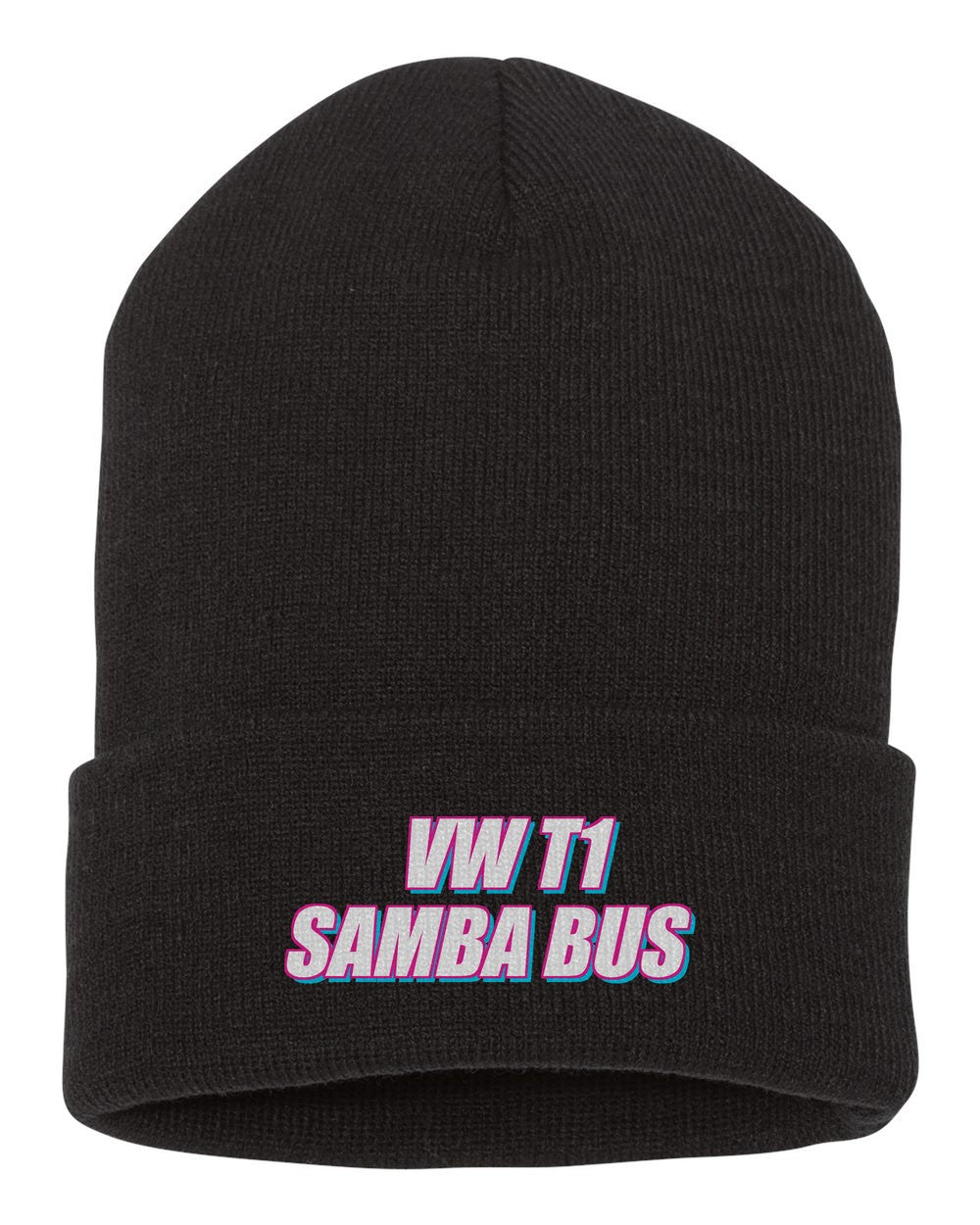 Vw T1 Samba Bus black beanie front view with car name