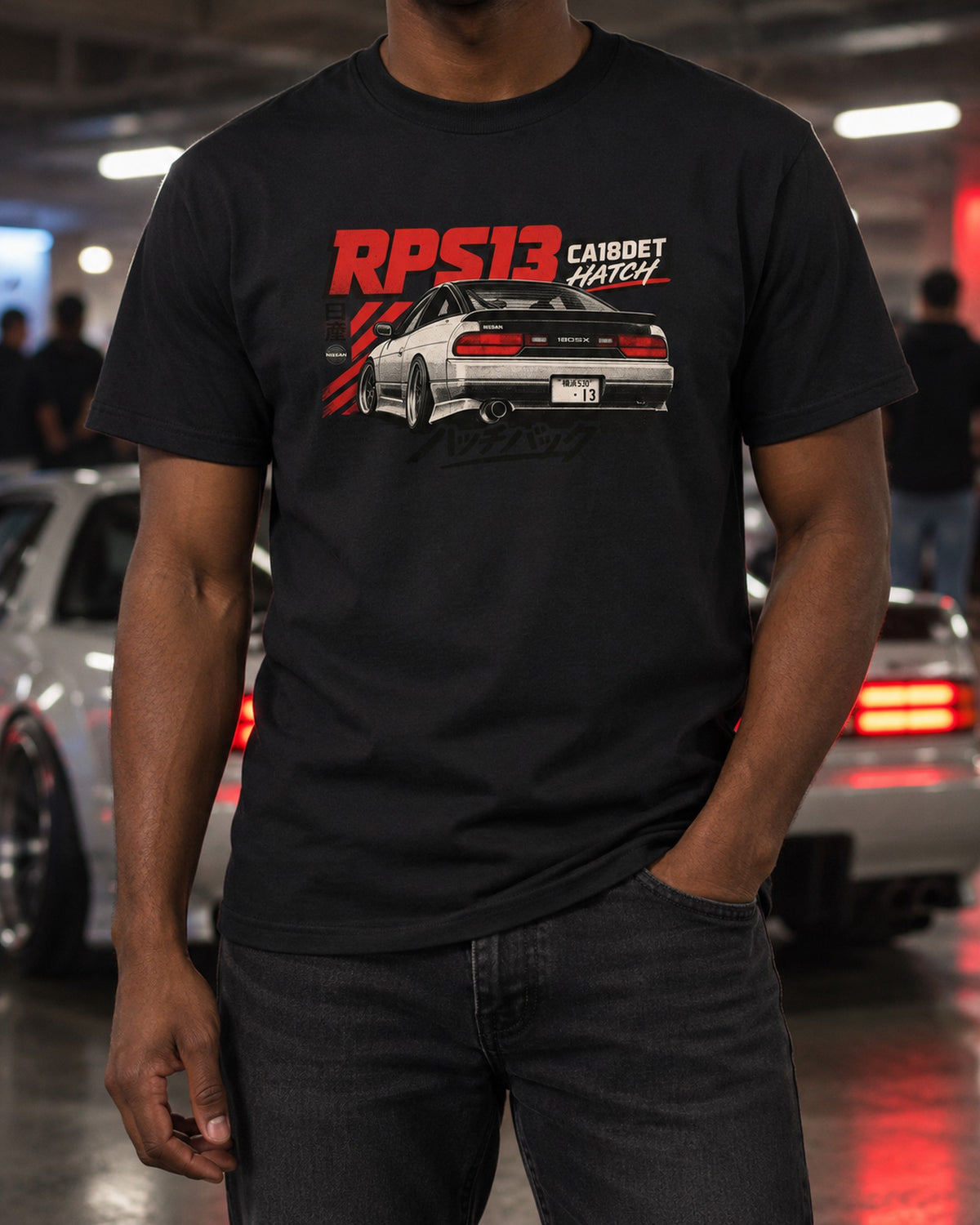 Nissan 180SX RPS13 Tail Bar Risograph Shirt, CA18DET T-Shirt Black worn hero