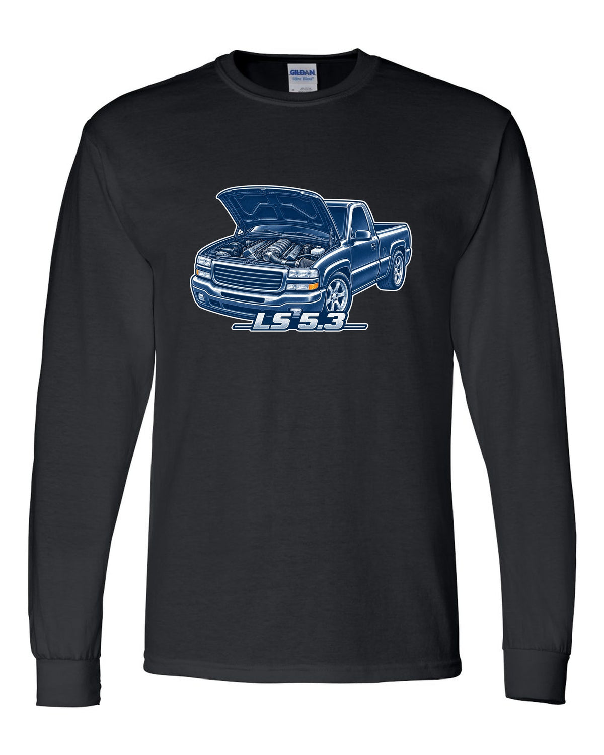 Cyanotype negative blueprint print of a 1999-2006 Chevrolet GMT800 NBS Silverado with LS 5.3 text black long sleeve front view with the design