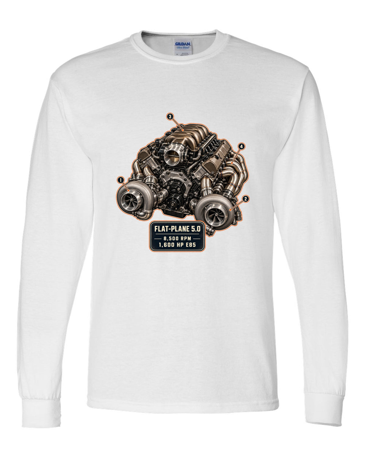 Engine hero illustration of the Koenigsegg Jesko 5.0 litre twin-turbo flat-plane V8, print white long sleeve front view with the design