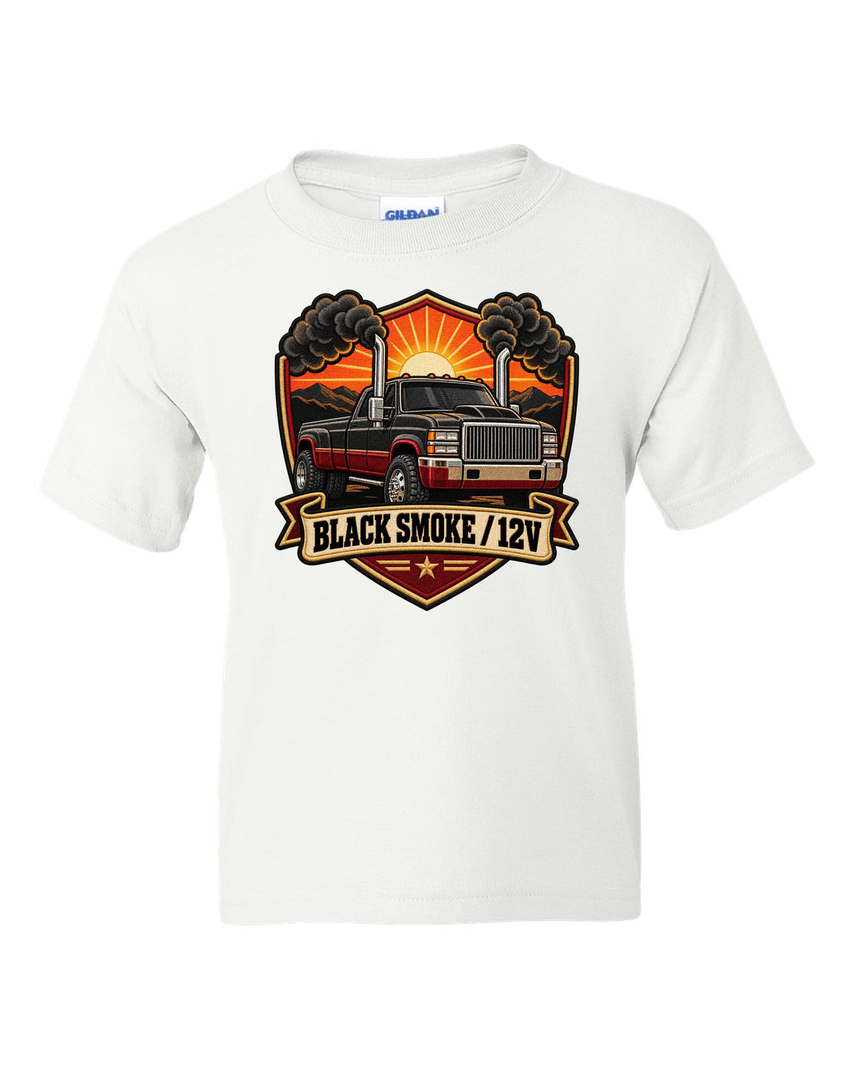 Varsity crest print of a 1994-1998 Dodge Ram 2nd gen with twin chrome smoke stacks and 12V text white kids tee front view with the design