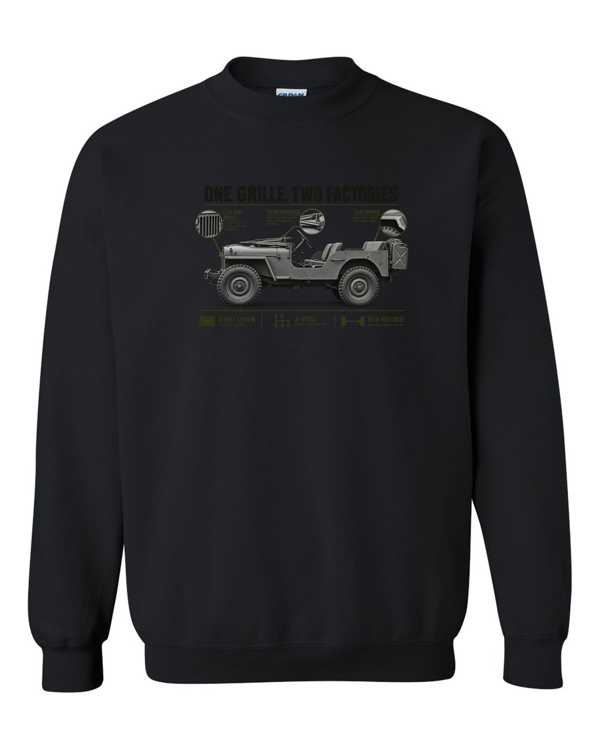 Spec poster print for the Willys MB and Ford GPW, 1941-1945 black crewneck front view with the design