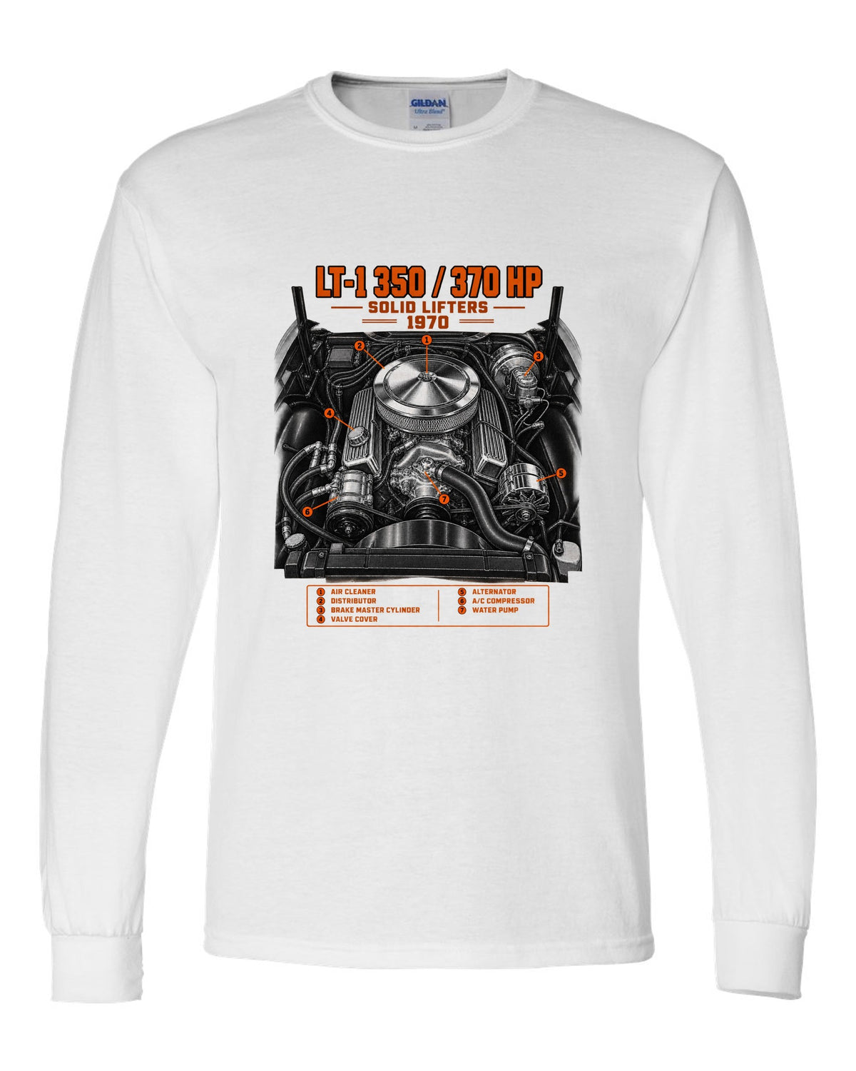 Chevrolet Corvette C3 Stingray 1970 LT-1 350 engine print white long sleeve front view with the design
