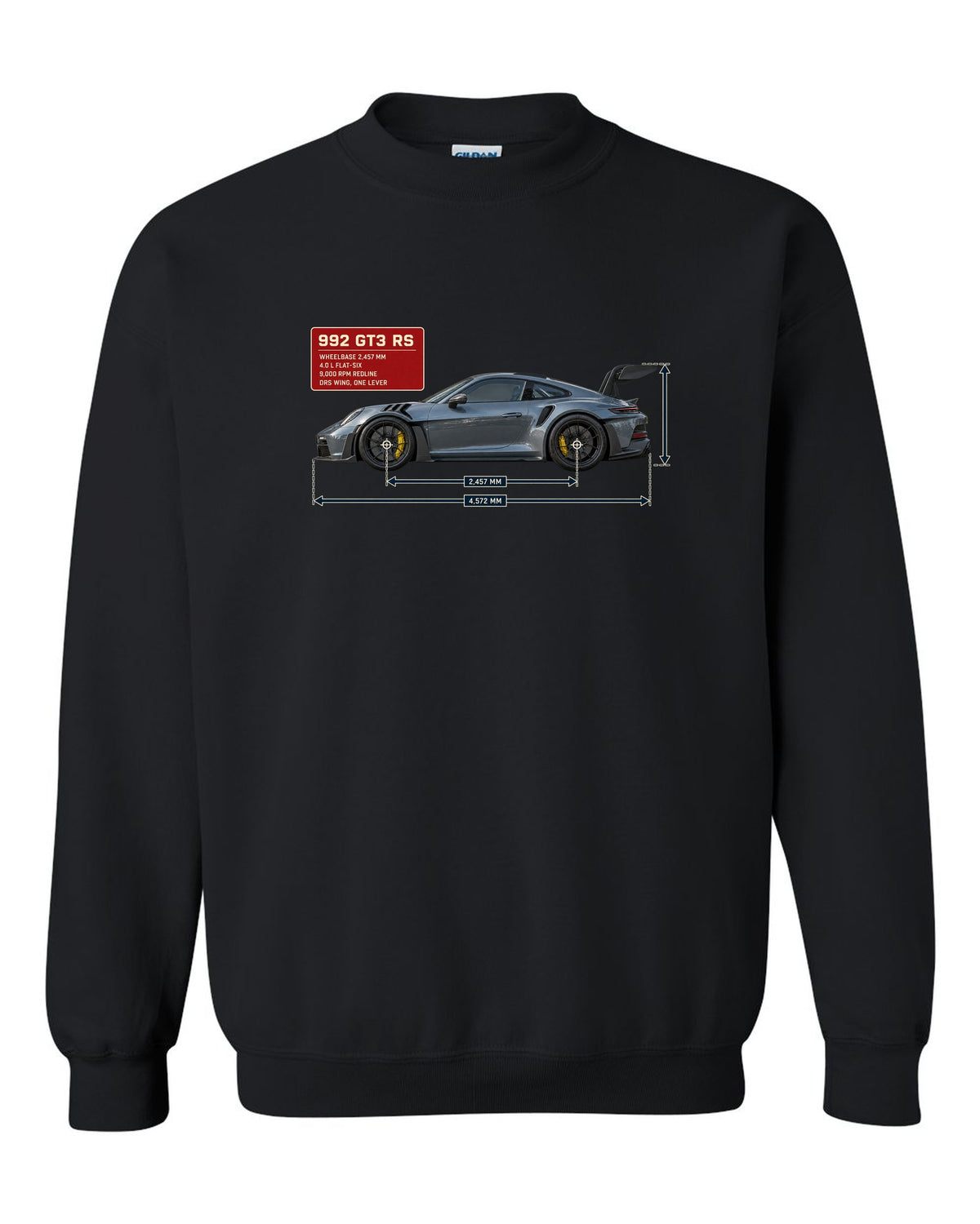 Porsche 992 GT3 RS dimension blueprint print design black crewneck front view with the design