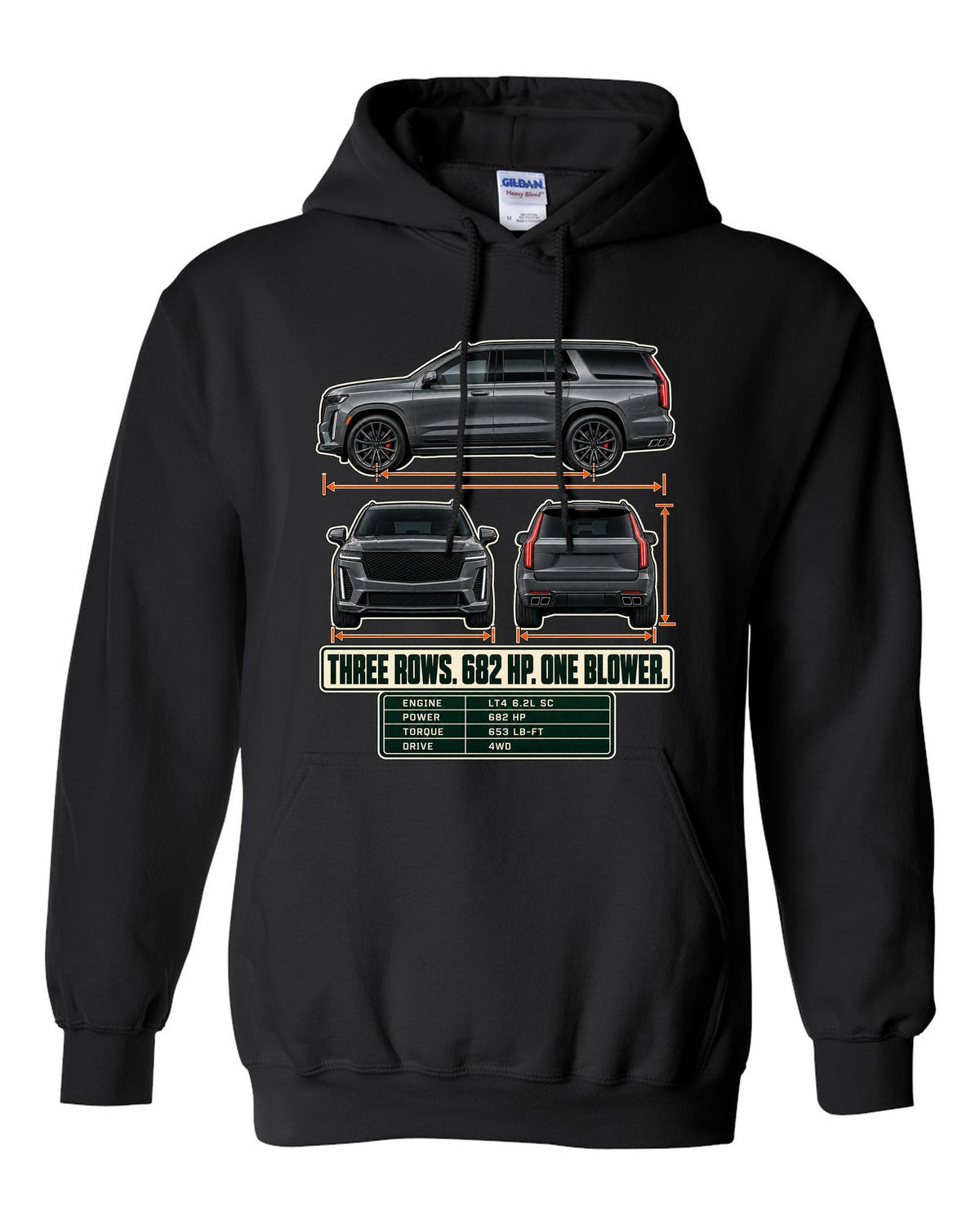 Three-view and spec table print of a 2023-25 Cadillac Escalade-V black pull over hoodie front view with the design