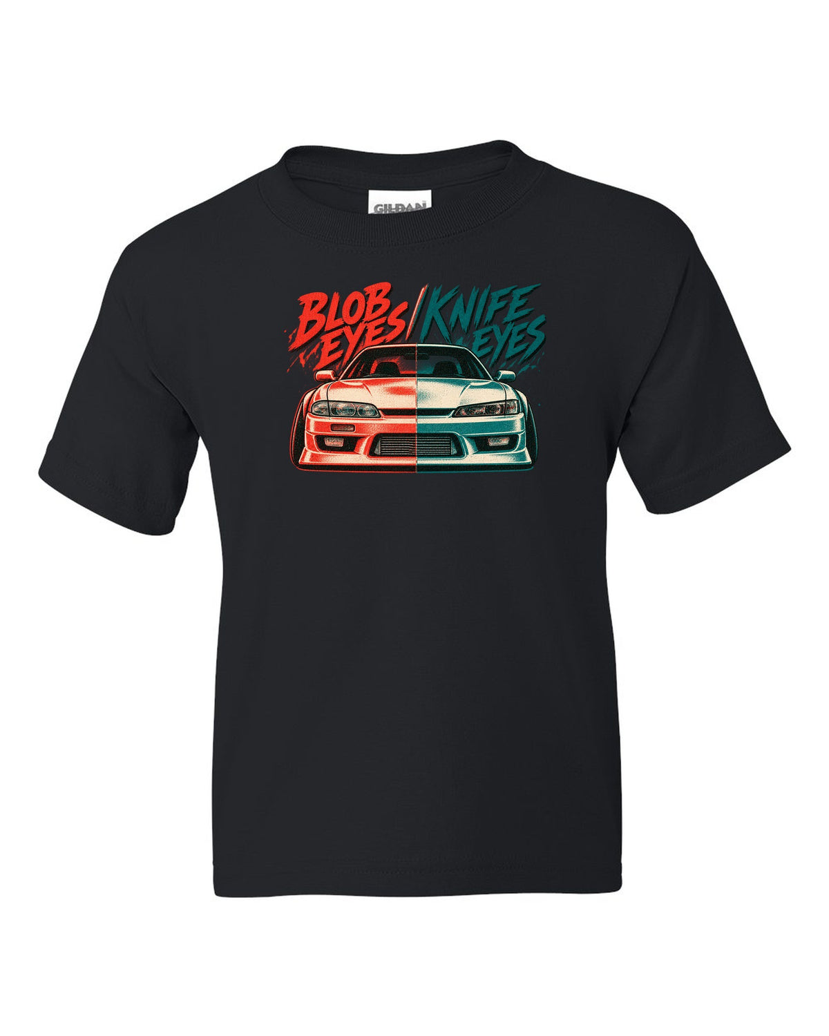 Risograph two-colour print comparing Nissan Silvia S14 zenki and kouki front ends black kids tee front view with the design